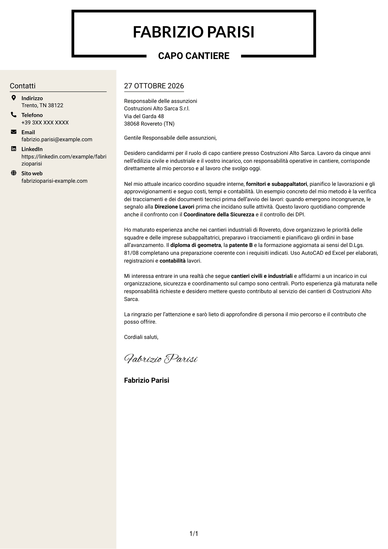 Lettera di presentazione Intraprendente (formato a due colonne con intestazione centrata senza foto): Capo cantiere - Edilizia civile e industriale, pagina 1