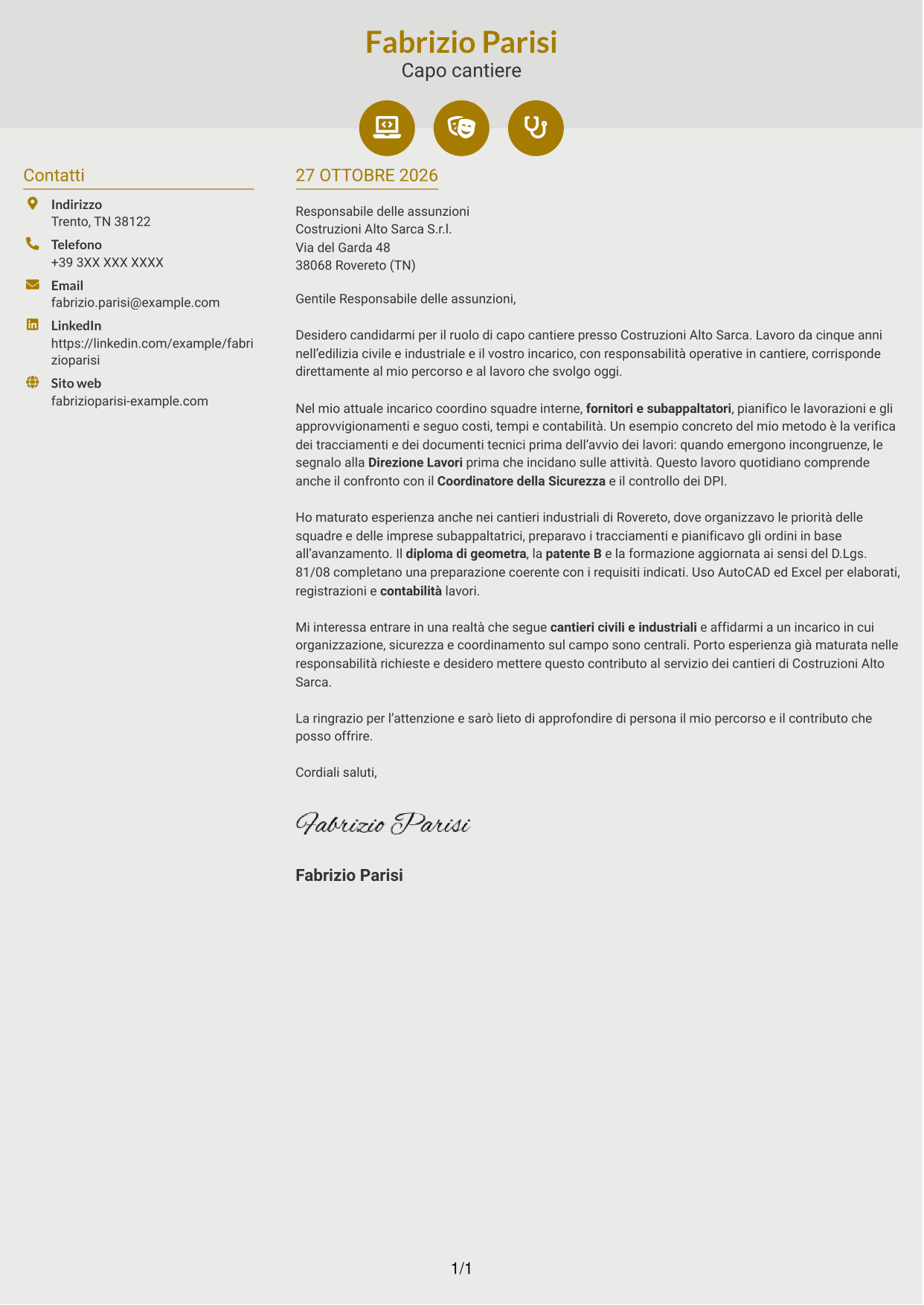 Lettera di presentazione Dinamico (formato a due colonne con icone): Capo cantiere - Edilizia civile e industriale, pagina 1