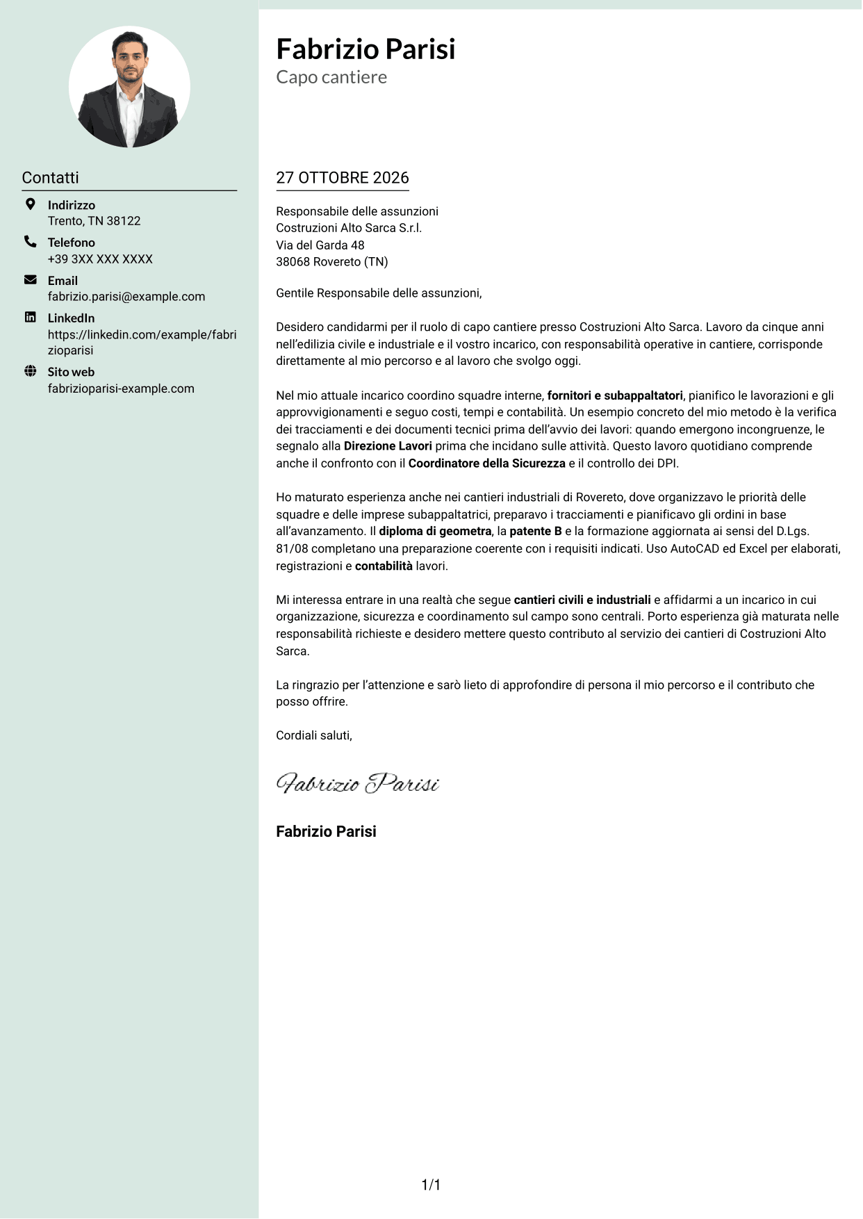 Lettera di presentazione Dirigente (formato con colonna laterale tenue e foto arrotondata): Capo cantiere - Edilizia civile e industriale, pagina 1
