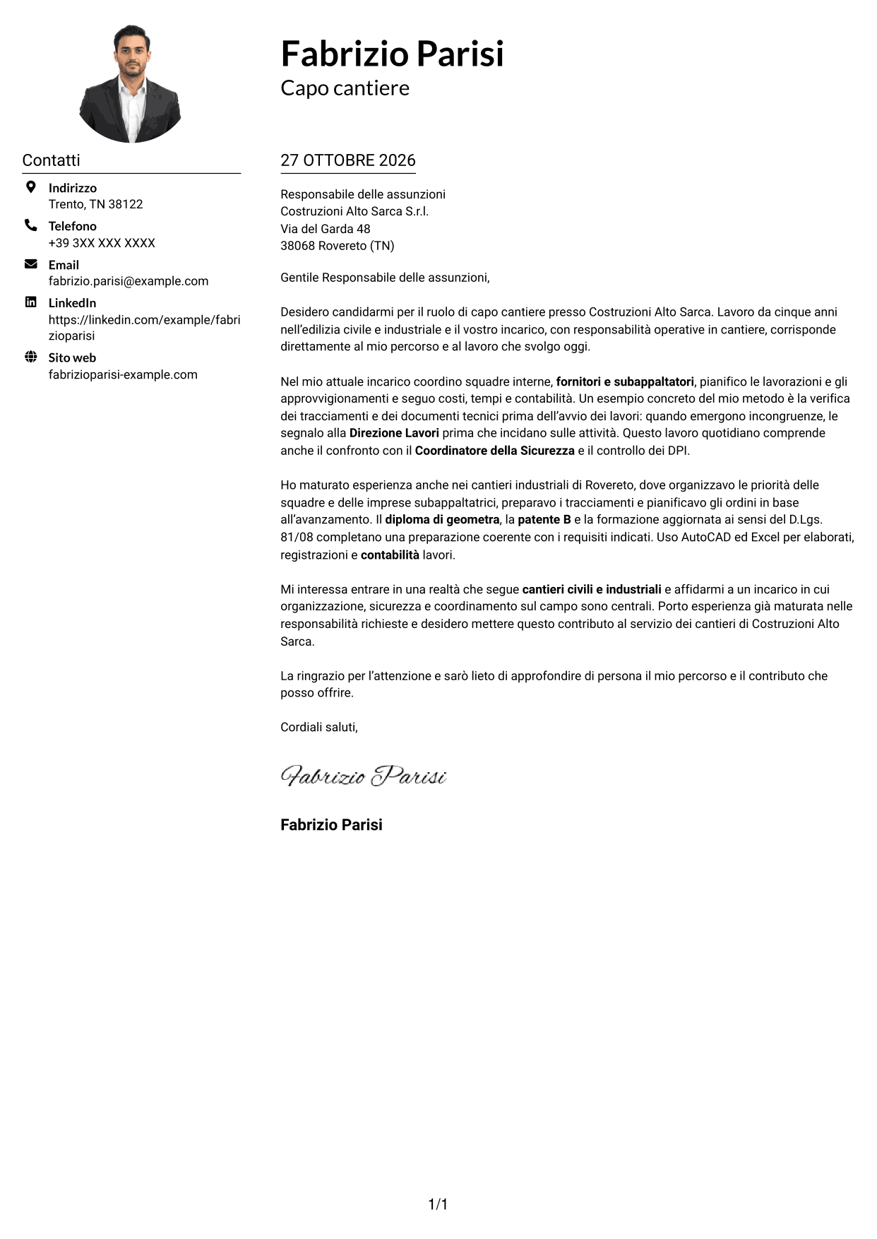 Esempio di lettera di presentazione — pagina 1
