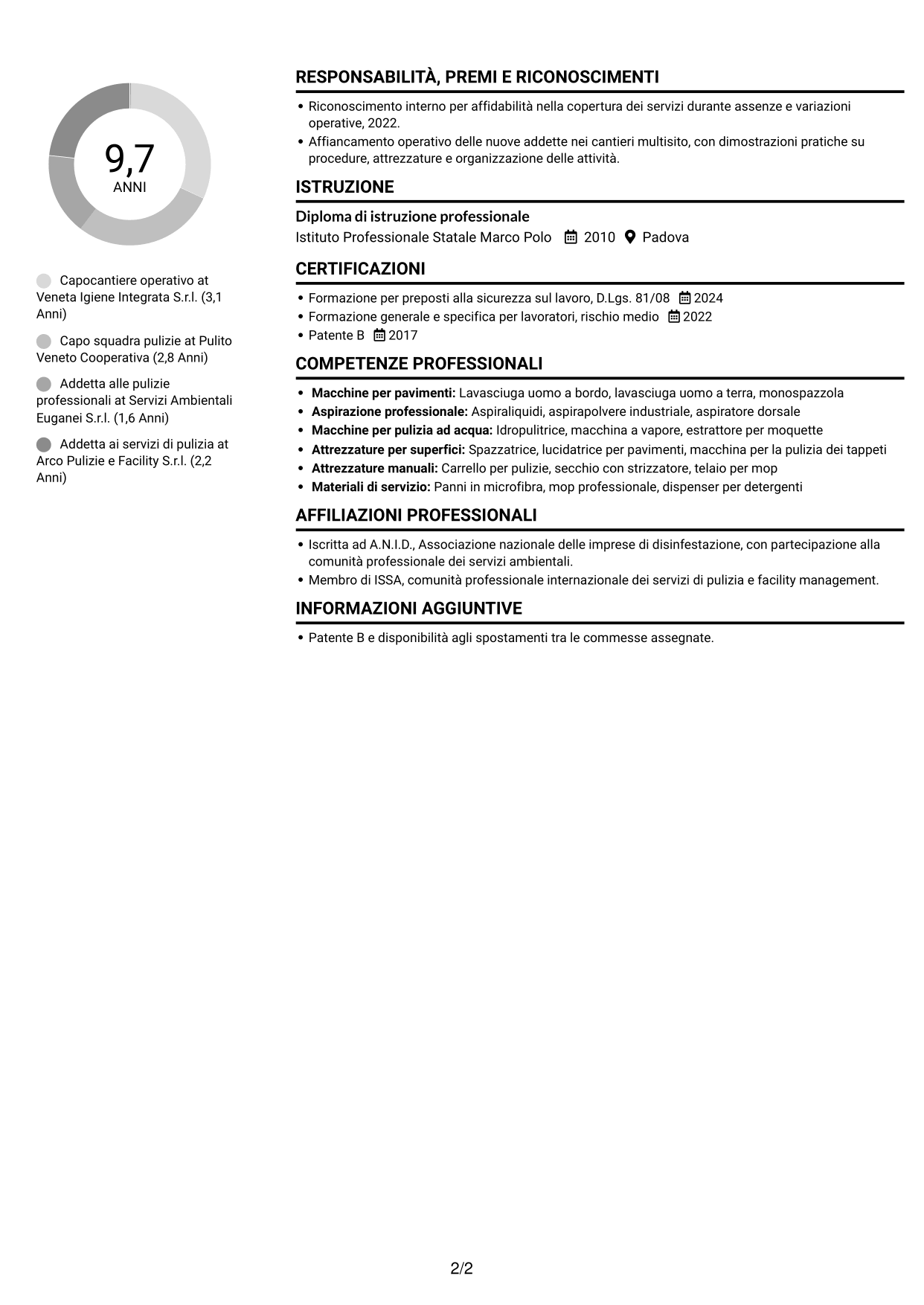 CV Compatto (formato sobrio a due colonne con foto): Capocantiere Operativo - Pulizie multisito, pagina 2