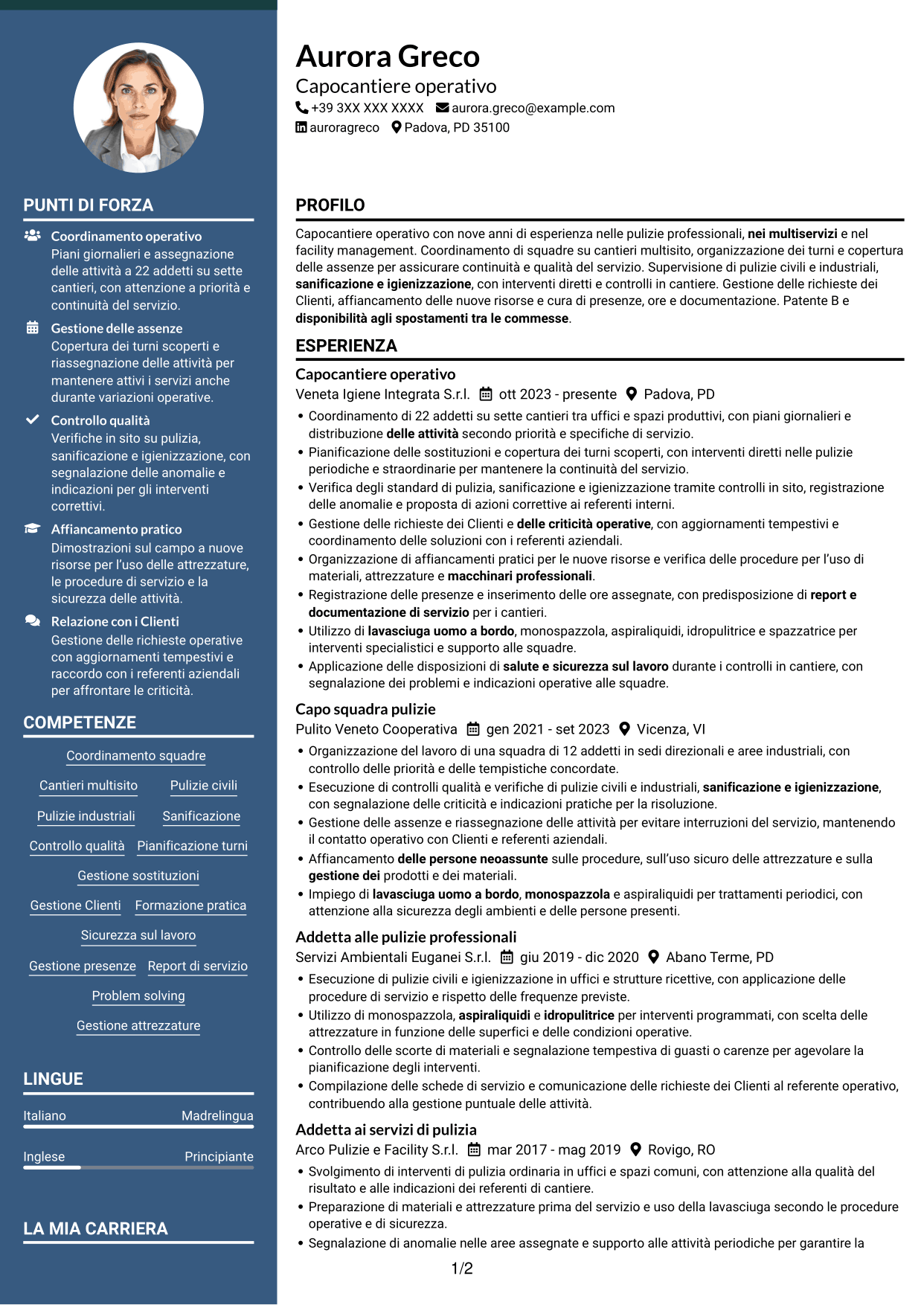 CV Elegante (formato con colonna laterale colorata e foto): Capocantiere Operativo - Pulizie multisito, pagina 1