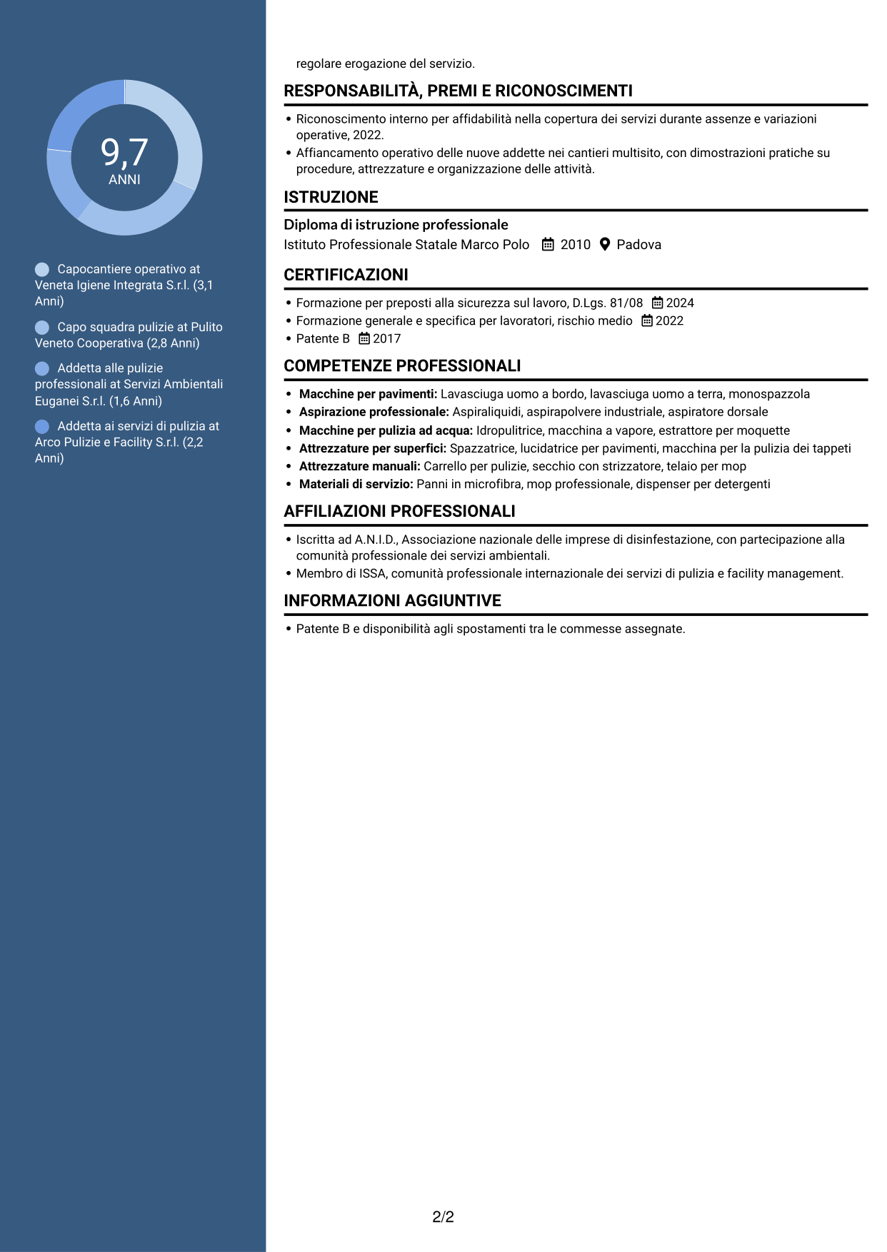 CV Elegante (formato con colonna laterale colorata e foto): Capocantiere Operativo - Pulizie multisito, pagina 2