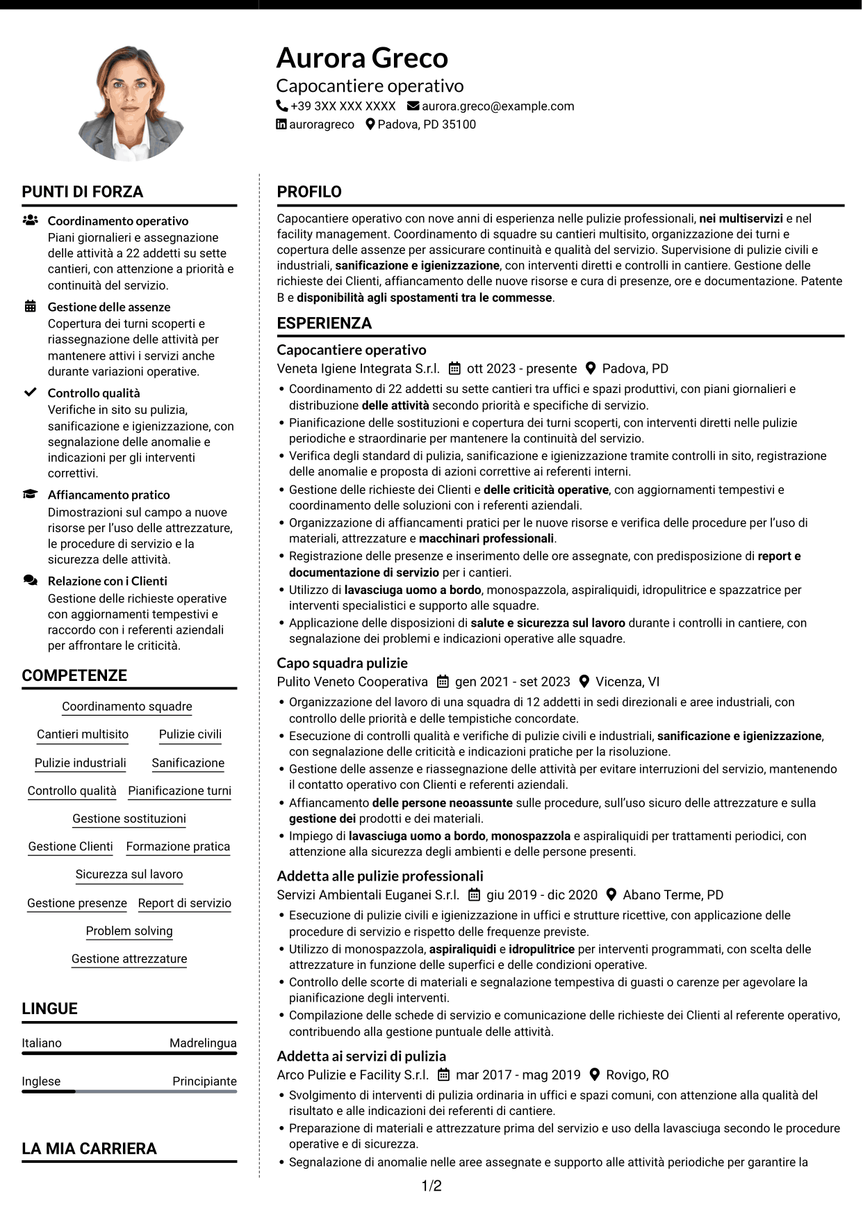 CV Moderno (formato a due colonne con foto a sinistra e separatore): Capocantiere Operativo - Pulizie multisito, pagina 1