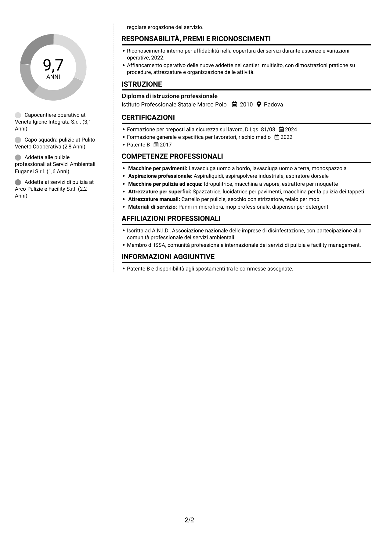 CV Moderno (formato a due colonne con foto a sinistra e separatore): Capocantiere Operativo - Pulizie multisito, pagina 2