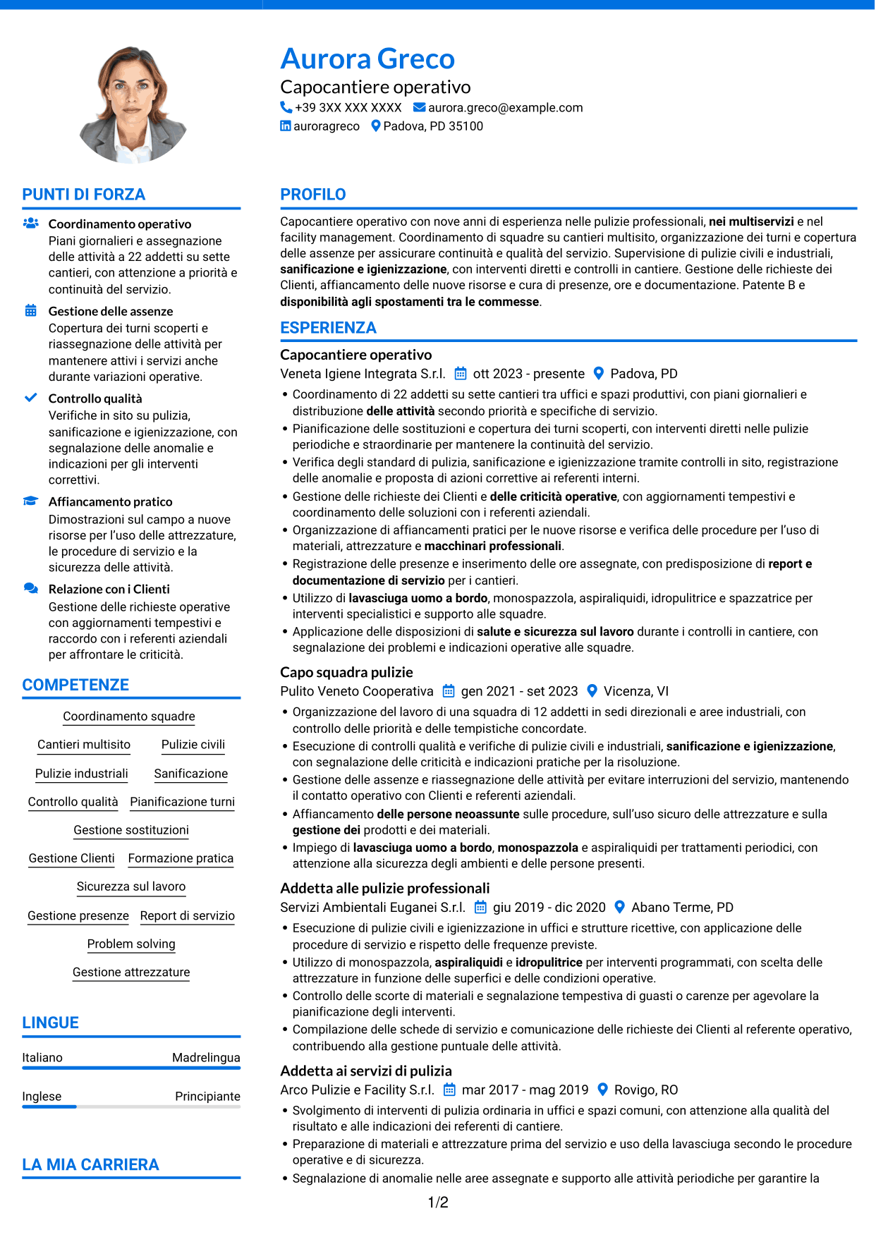 CV Audace (formato a due colonne con accenti colorati e foto): Capocantiere Operativo - Pulizie multisito, pagina 1