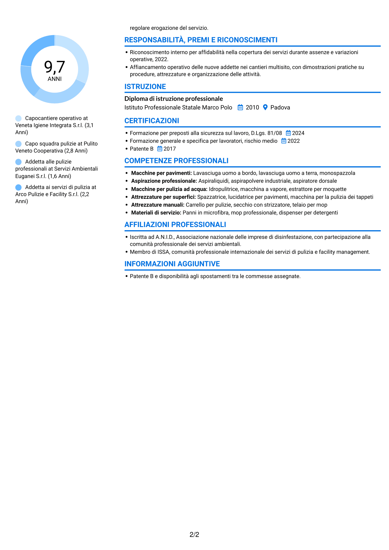 CV Audace (formato a due colonne con accenti colorati e foto): Capocantiere Operativo - Pulizie multisito, pagina 2