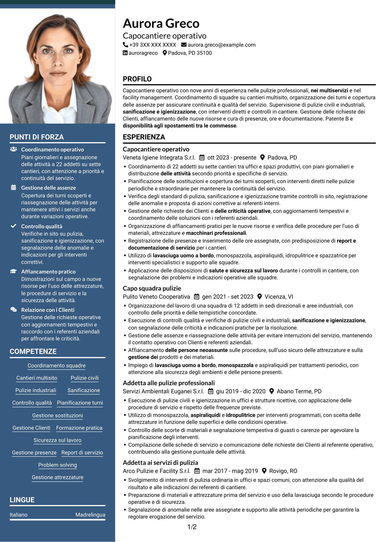 CV Signature (formato con colonna laterale colorata e foto grande): Capocantiere Operativo - Pulizie multisito, pagina 1