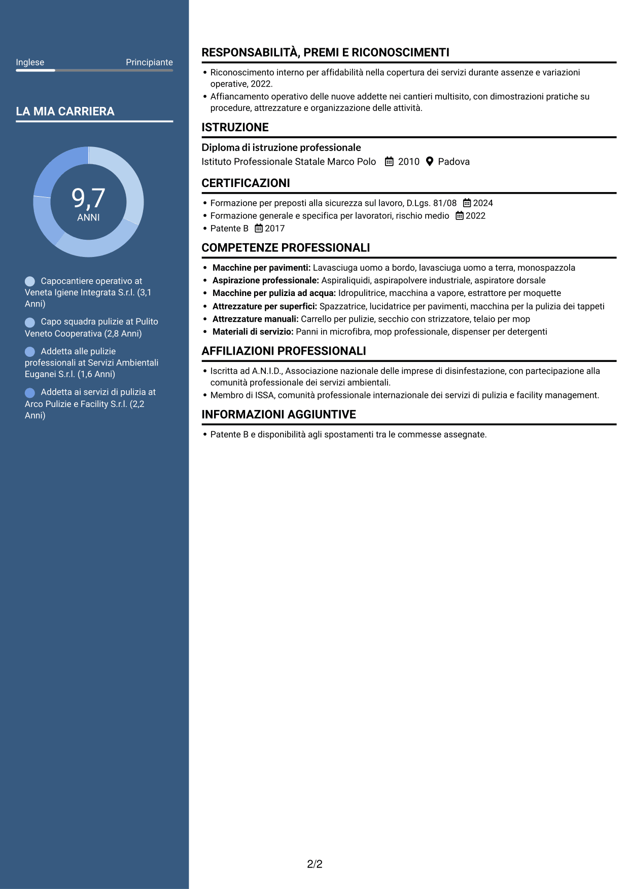 CV Signature (formato con colonna laterale colorata e foto grande): Capocantiere Operativo - Pulizie multisito, pagina 2