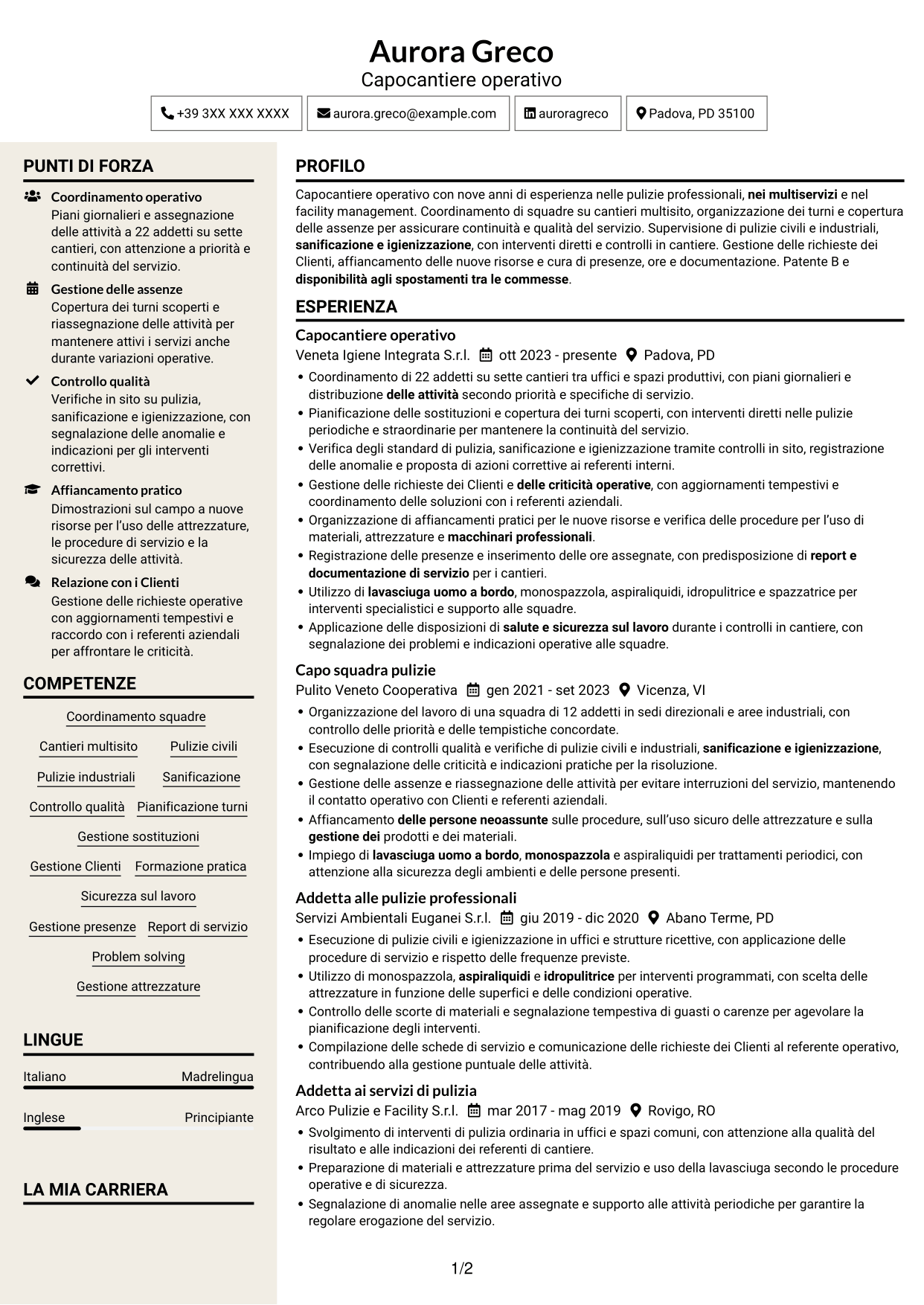 CV Intraprendente (formato a due colonne con intestazione centrata senza foto): Capocantiere Operativo - Pulizie multisito, pagina 1