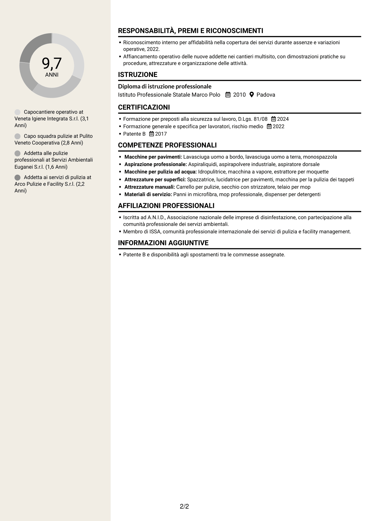 CV Intraprendente (formato a due colonne con intestazione centrata senza foto): Capocantiere Operativo - Pulizie multisito, pagina 2