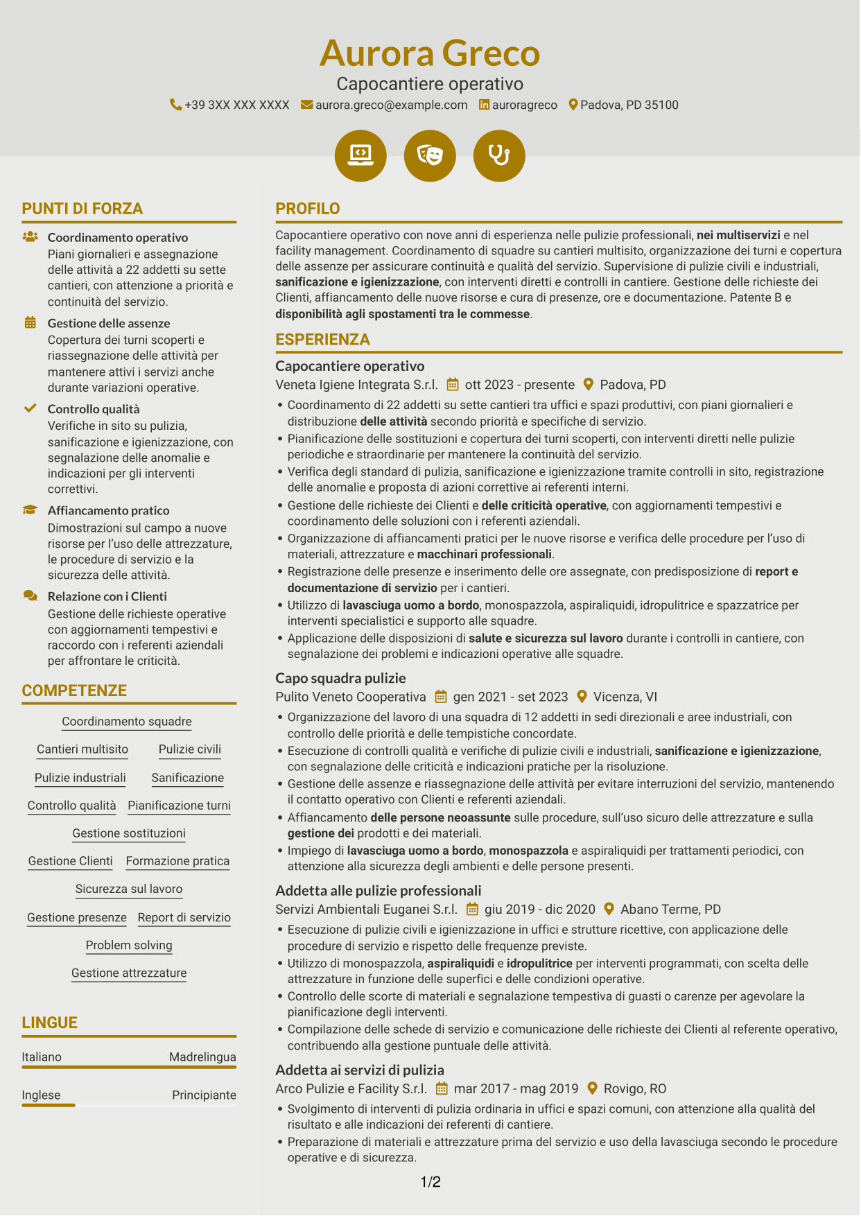 CV Dinamico (formato a due colonne con icone): Capocantiere Operativo - Pulizie multisito, pagina 1