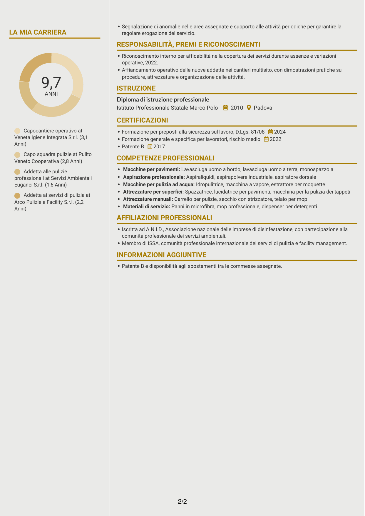 CV Dinamico (formato a due colonne con icone): Capocantiere Operativo - Pulizie multisito, pagina 2