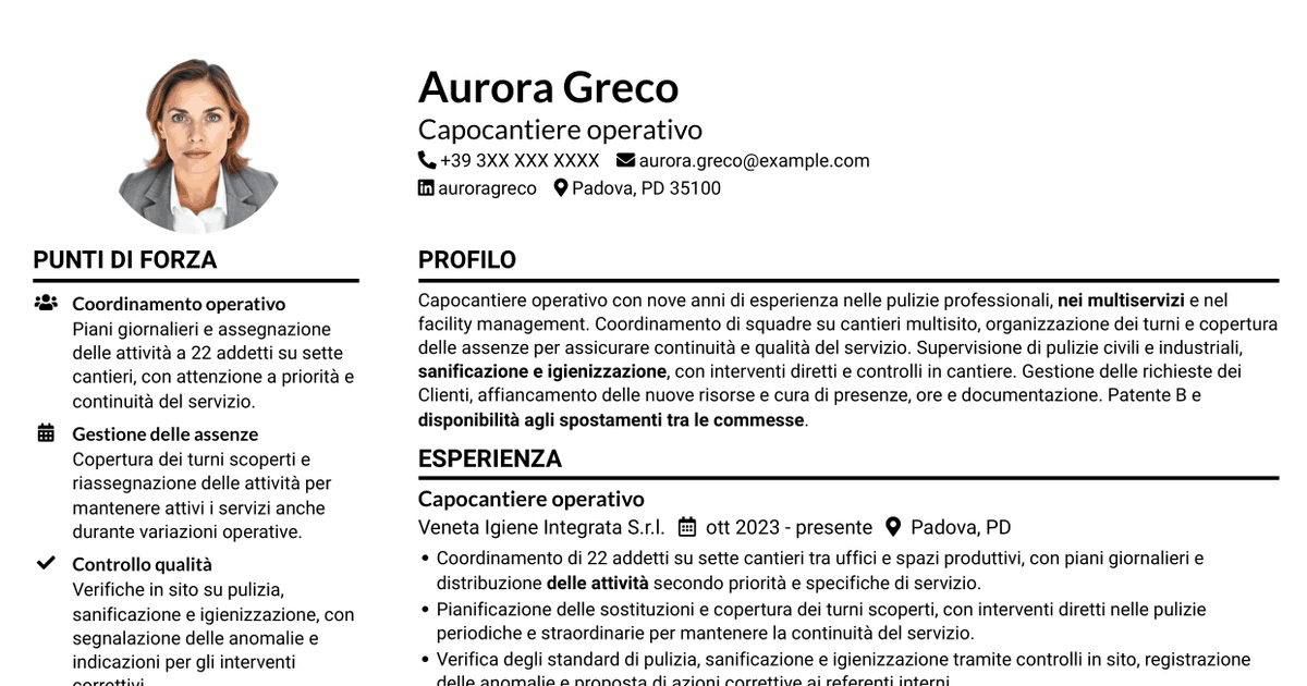 7 modelli di CV per Capocantiere Operativo - Pulizie multisito, con esempi