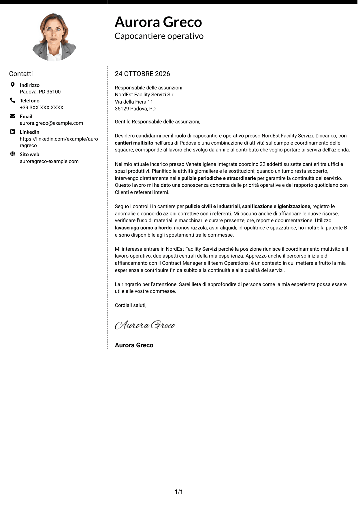 Lettera di presentazione Moderno (formato a due colonne con foto a sinistra e separatore): Capocantiere Operativo - Pulizie multisito, pagina 1
