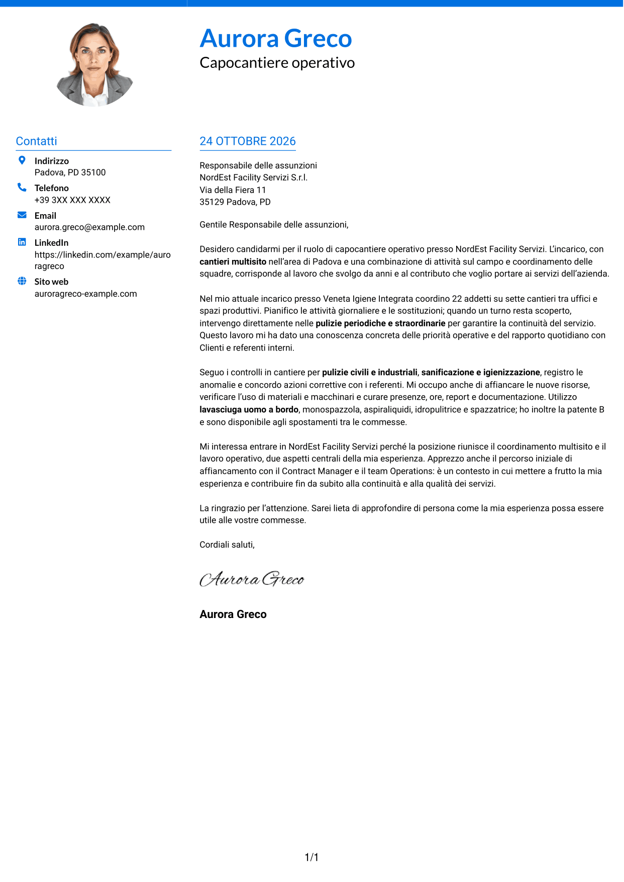 Lettera di presentazione Audace (formato a due colonne con accenti colorati e foto): Capocantiere Operativo - Pulizie multisito, pagina 1