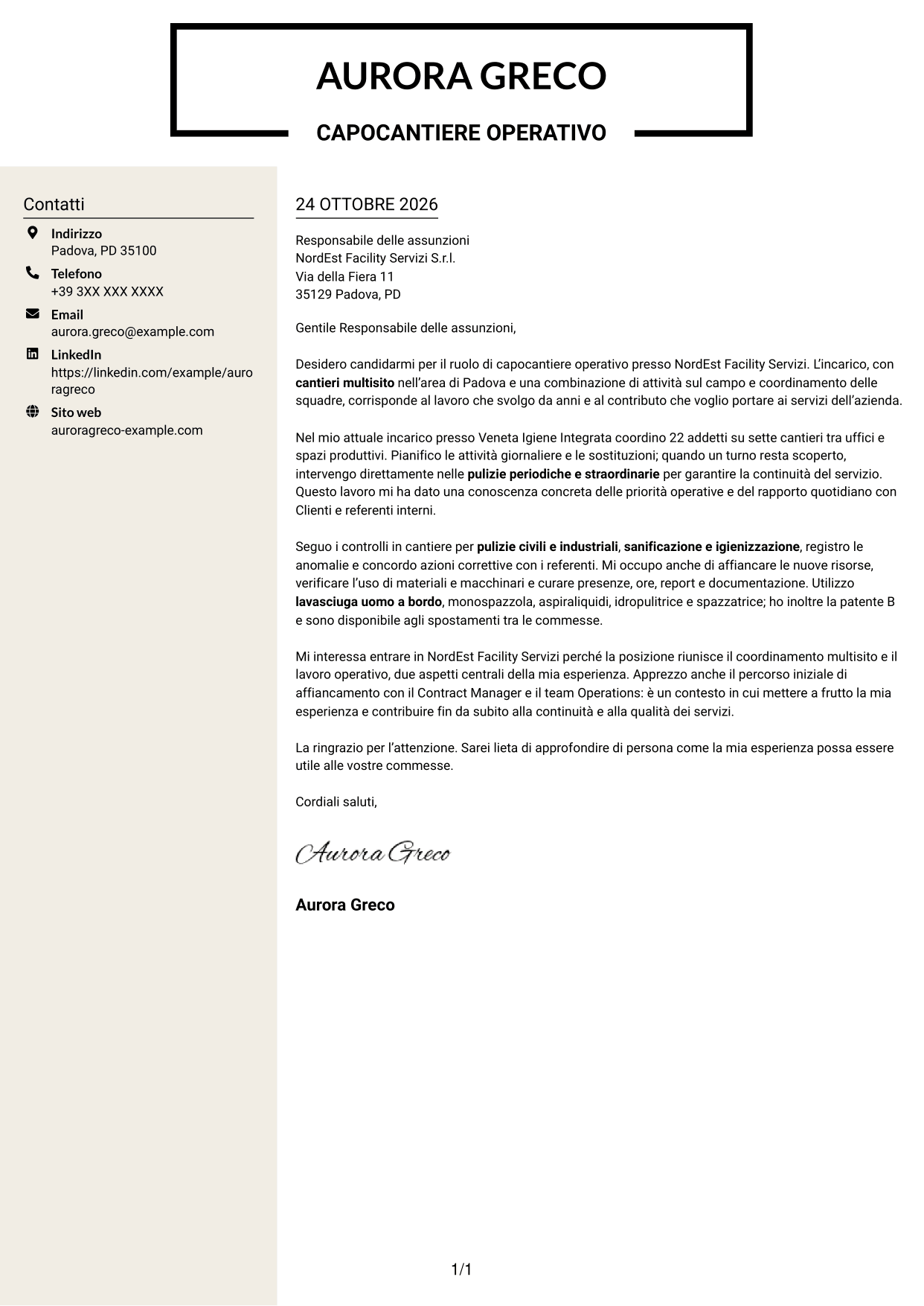 Lettera di presentazione Intraprendente (formato a due colonne con intestazione centrata senza foto): Capocantiere Operativo - Pulizie multisito, pagina 1
