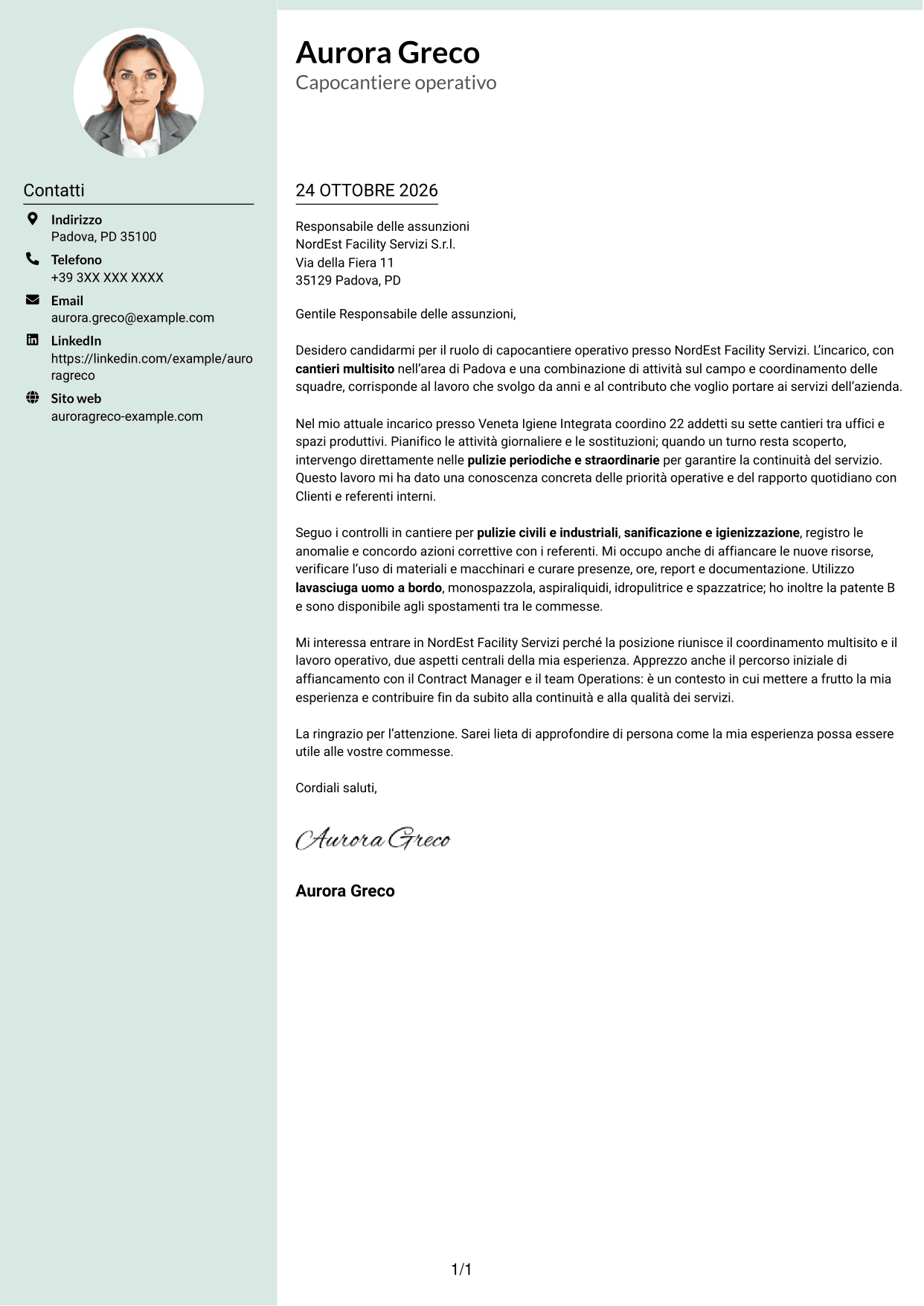 Lettera di presentazione Dirigente (formato con colonna laterale tenue e foto arrotondata): Capocantiere Operativo - Pulizie multisito, pagina 1