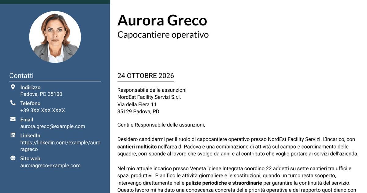 7 modelli di lettera di presentazione per Capocantiere Operativo - Pulizie multisito, con esempi