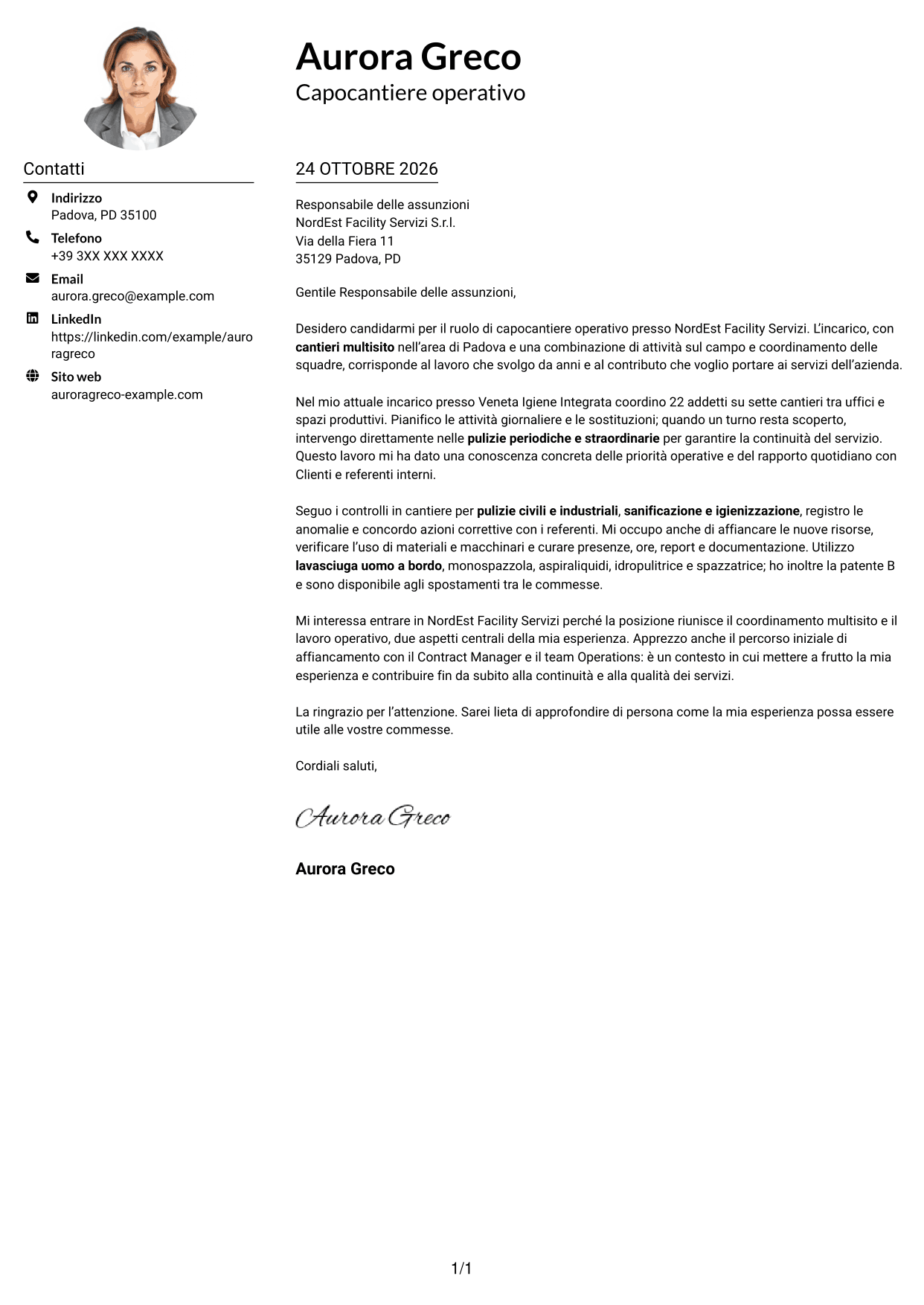 Esempio di lettera di presentazione — pagina 1