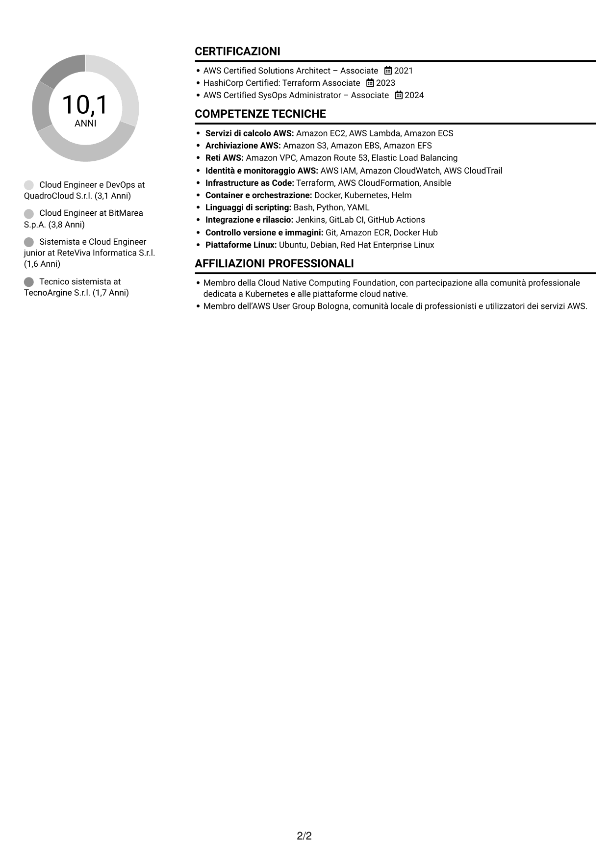 CV Compatto (formato sobrio a due colonne con foto): Cloud Engineer e DevOps - AWS e Kubernetes, pagina 2