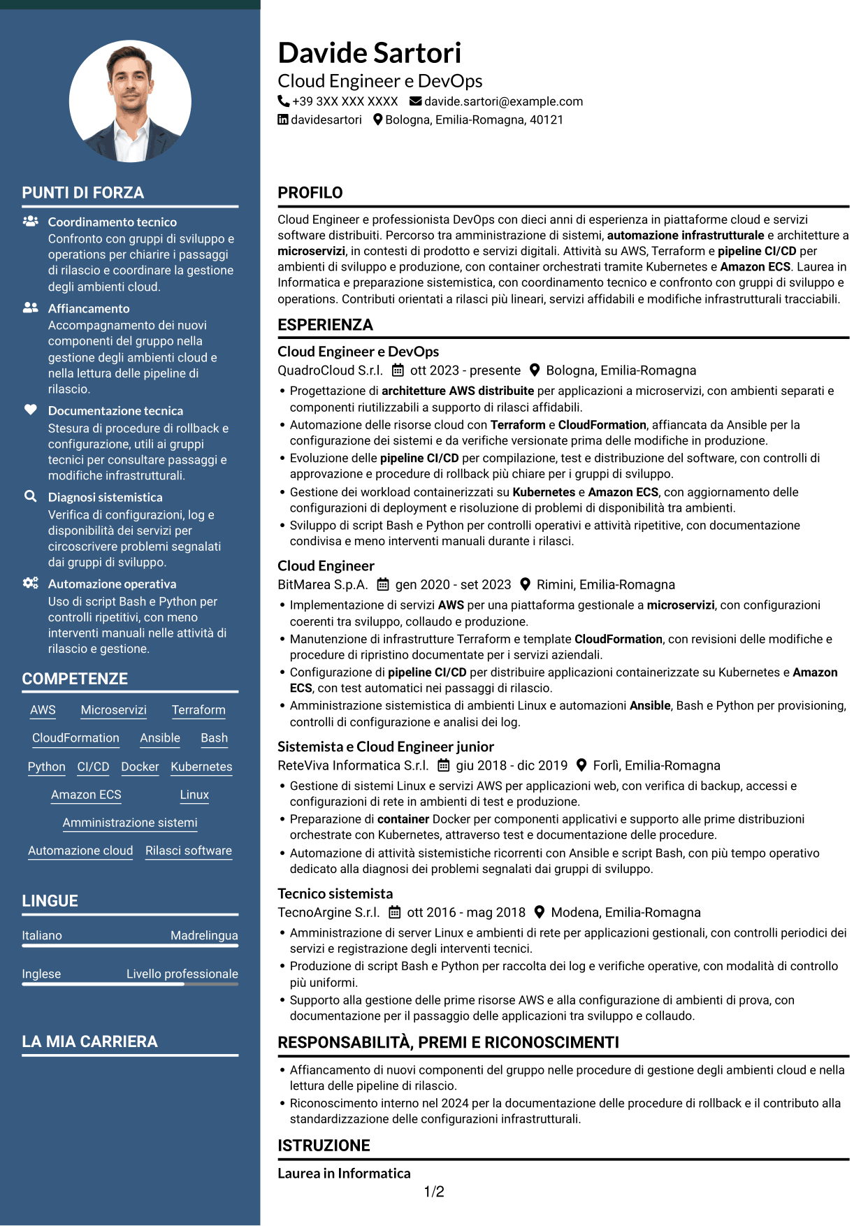 CV Elegante (formato con colonna laterale colorata e foto): Cloud Engineer e DevOps - AWS e Kubernetes, pagina 1