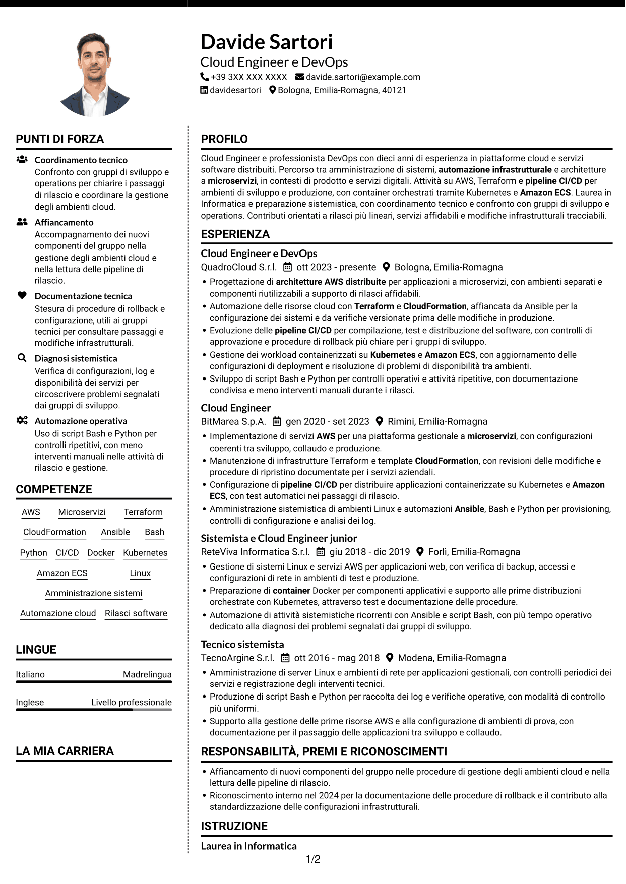 CV Moderno (formato a due colonne con foto a sinistra e separatore): Cloud Engineer e DevOps - AWS e Kubernetes, pagina 1