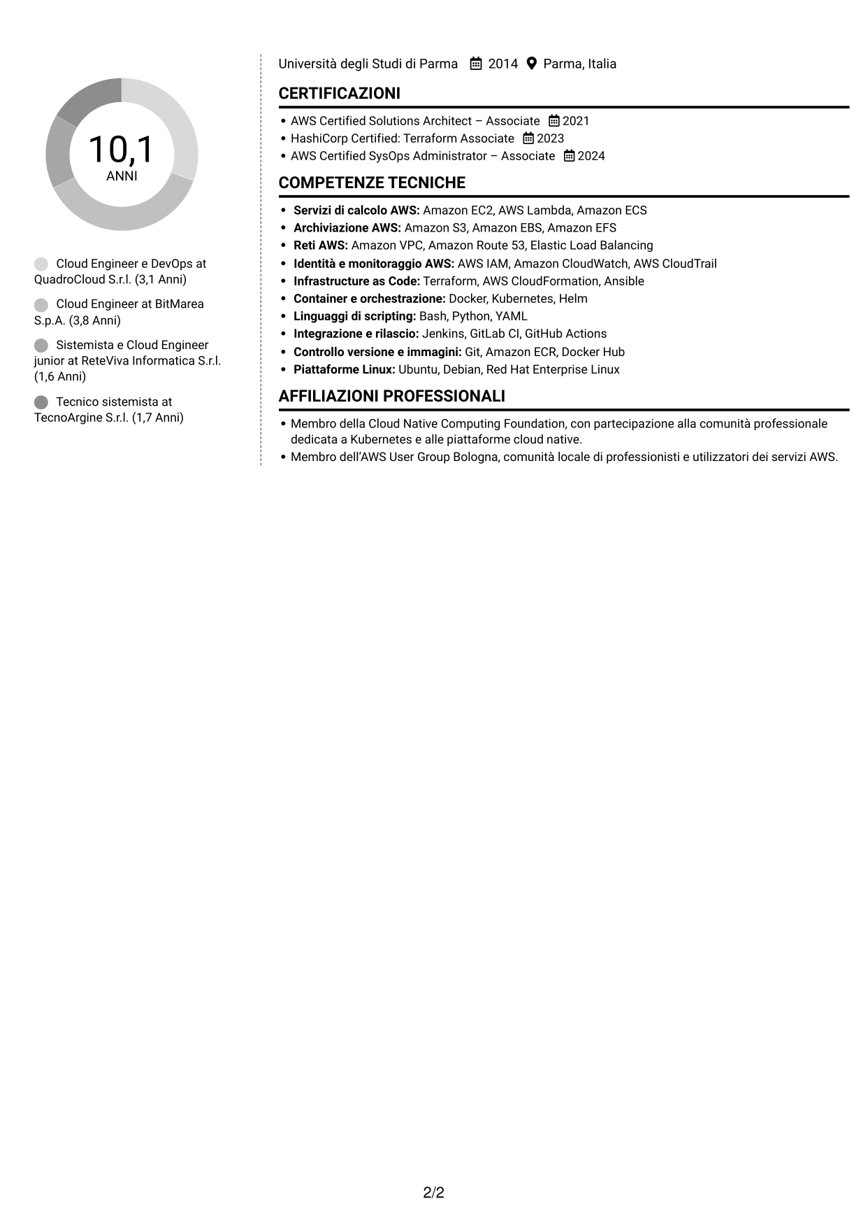 CV Moderno (formato a due colonne con foto a sinistra e separatore): Cloud Engineer e DevOps - AWS e Kubernetes, pagina 2