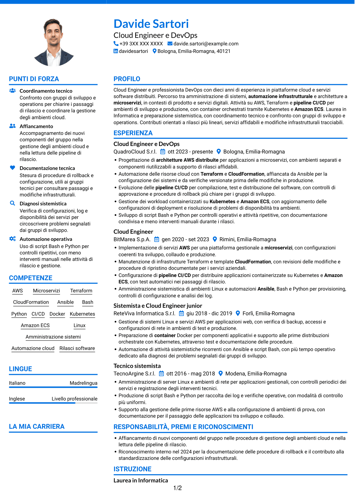CV Audace (formato a due colonne con accenti colorati e foto): Cloud Engineer e DevOps - AWS e Kubernetes, pagina 1