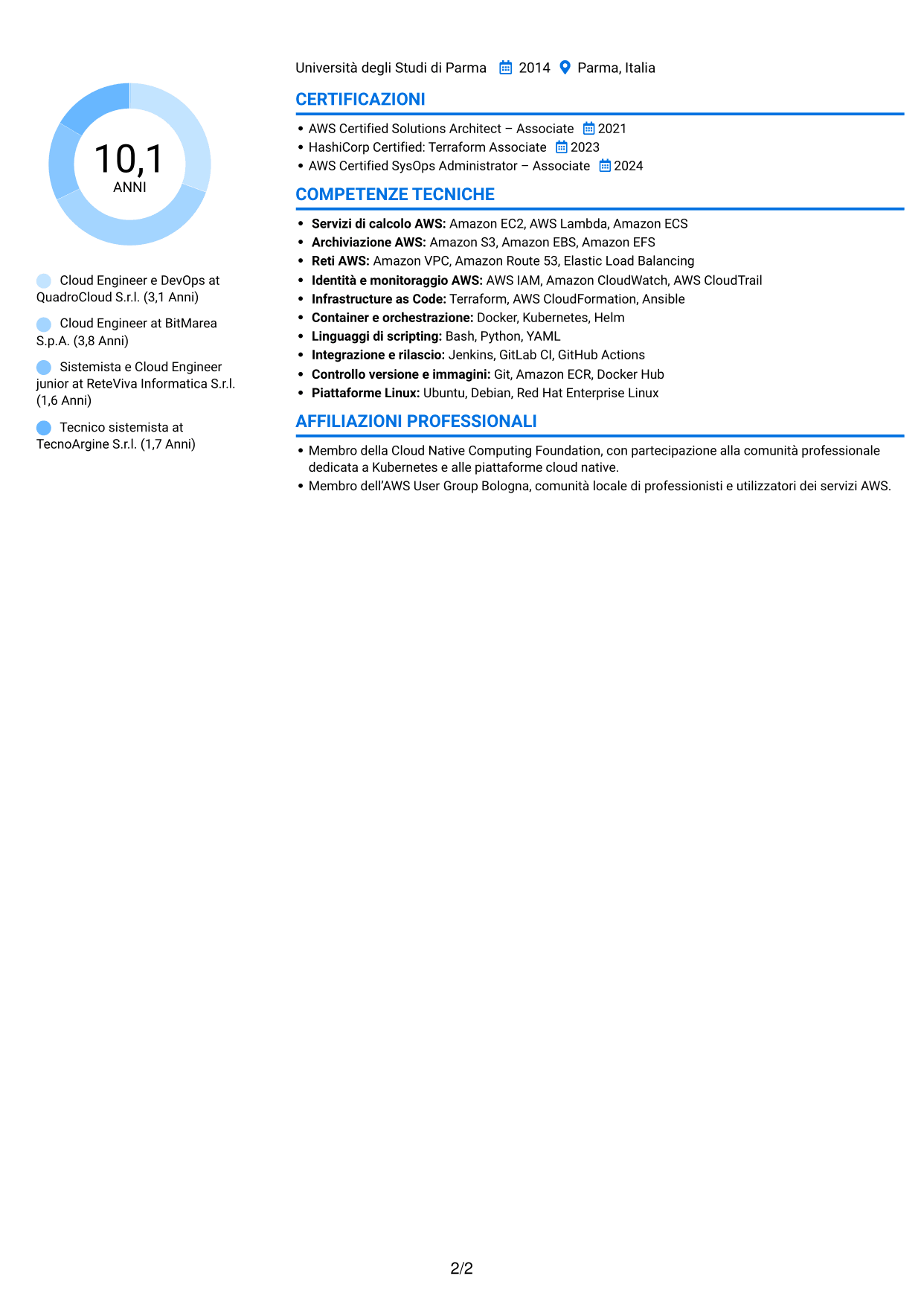 CV Audace (formato a due colonne con accenti colorati e foto): Cloud Engineer e DevOps - AWS e Kubernetes, pagina 2