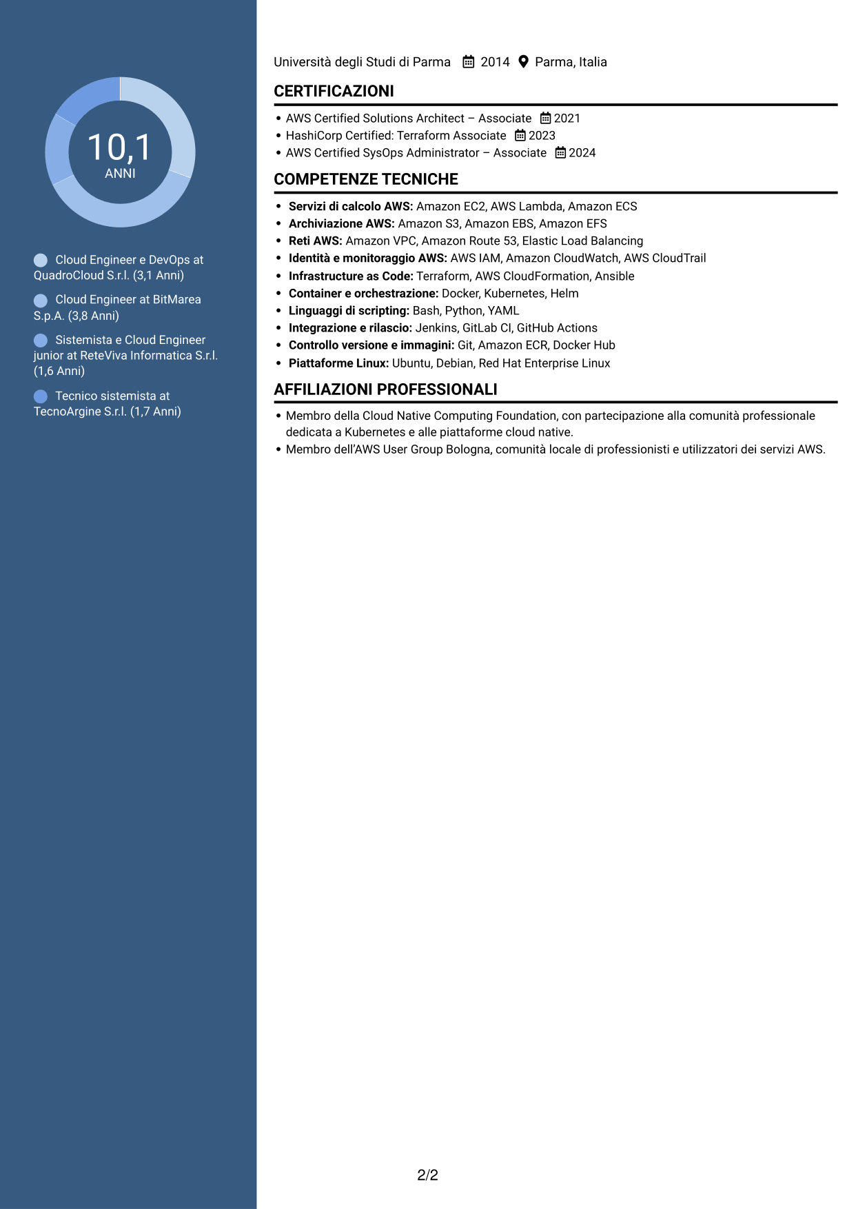 CV Signature (formato con colonna laterale colorata e foto grande): Cloud Engineer e DevOps - AWS e Kubernetes, pagina 2