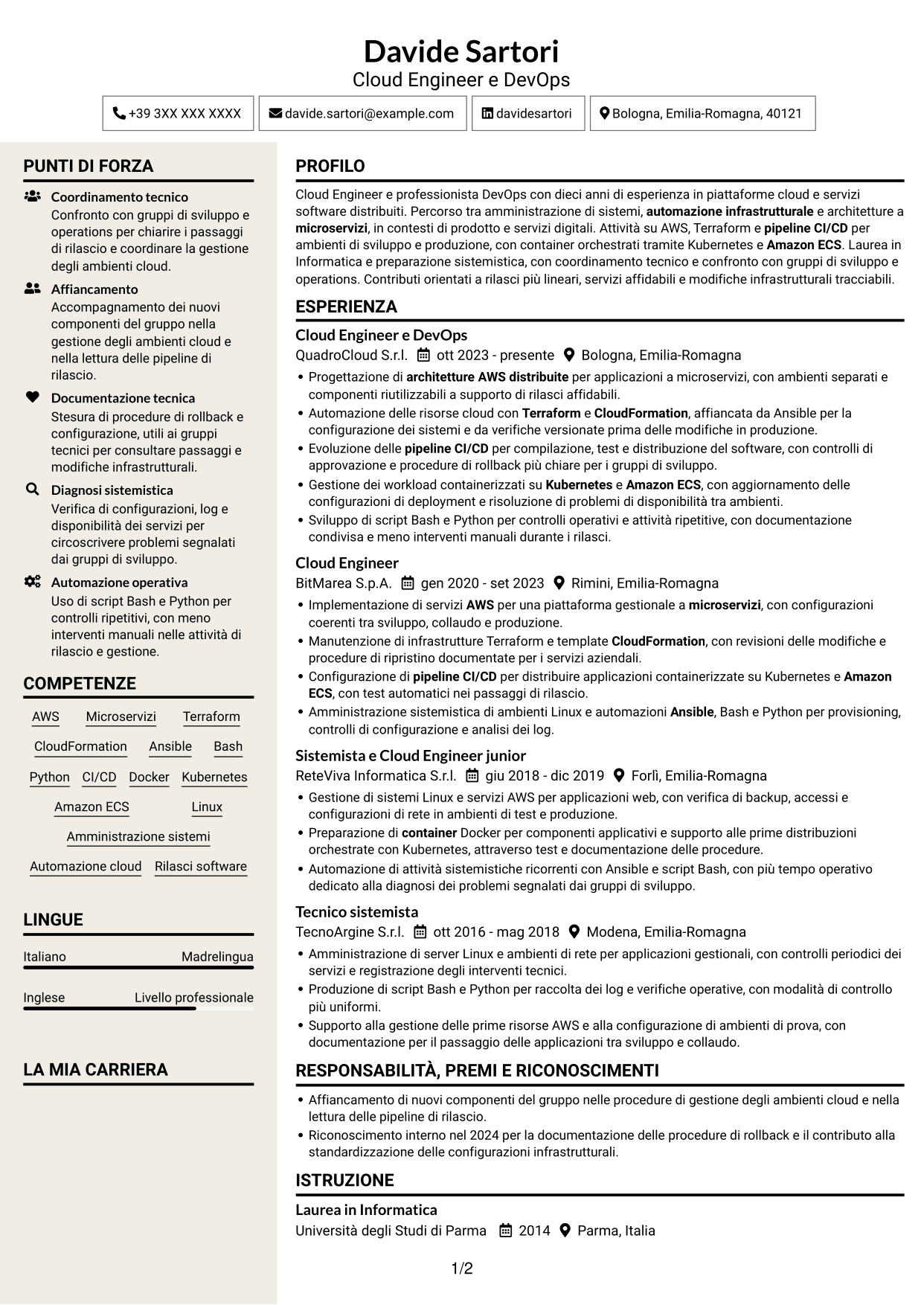 CV Intraprendente (formato a due colonne con intestazione centrata senza foto): Cloud Engineer e DevOps - AWS e Kubernetes, pagina 1