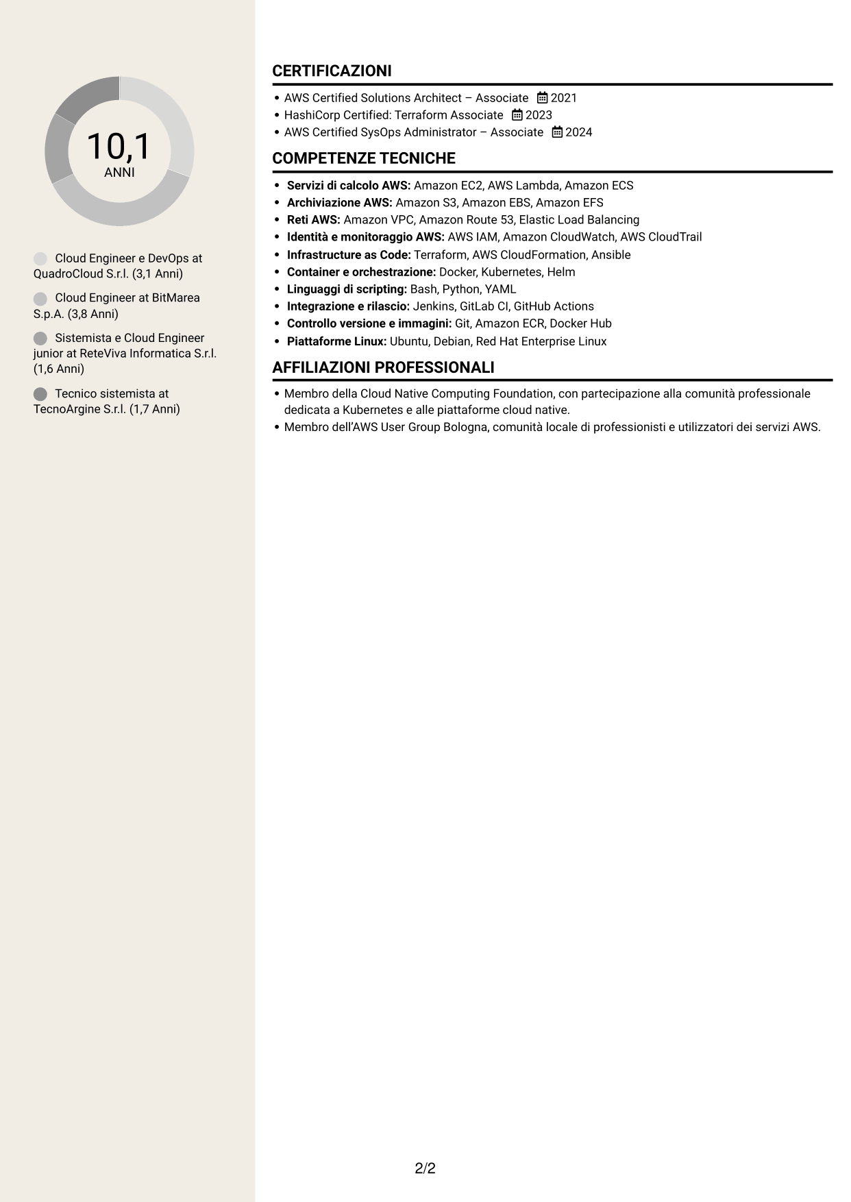 CV Intraprendente (formato a due colonne con intestazione centrata senza foto): Cloud Engineer e DevOps - AWS e Kubernetes, pagina 2