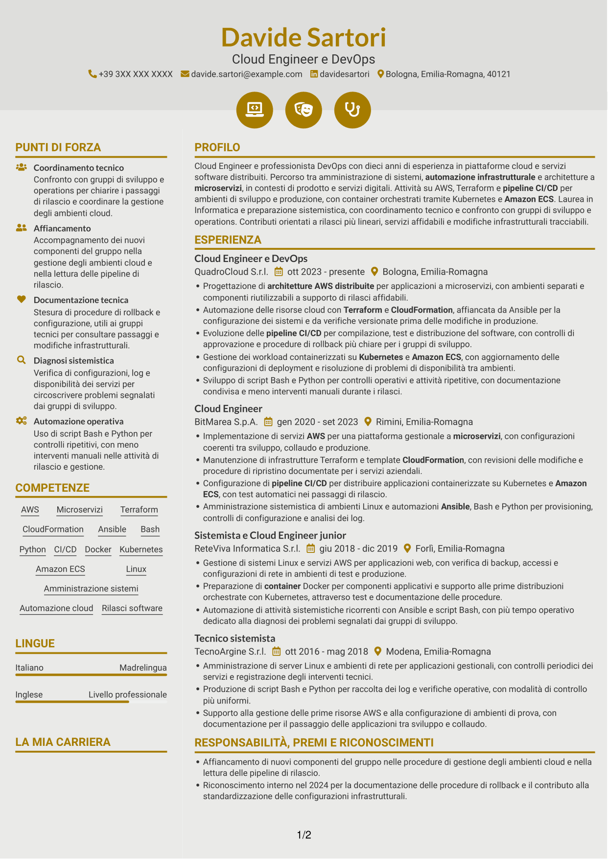 CV Dinamico (formato a due colonne con icone): Cloud Engineer e DevOps - AWS e Kubernetes, pagina 1