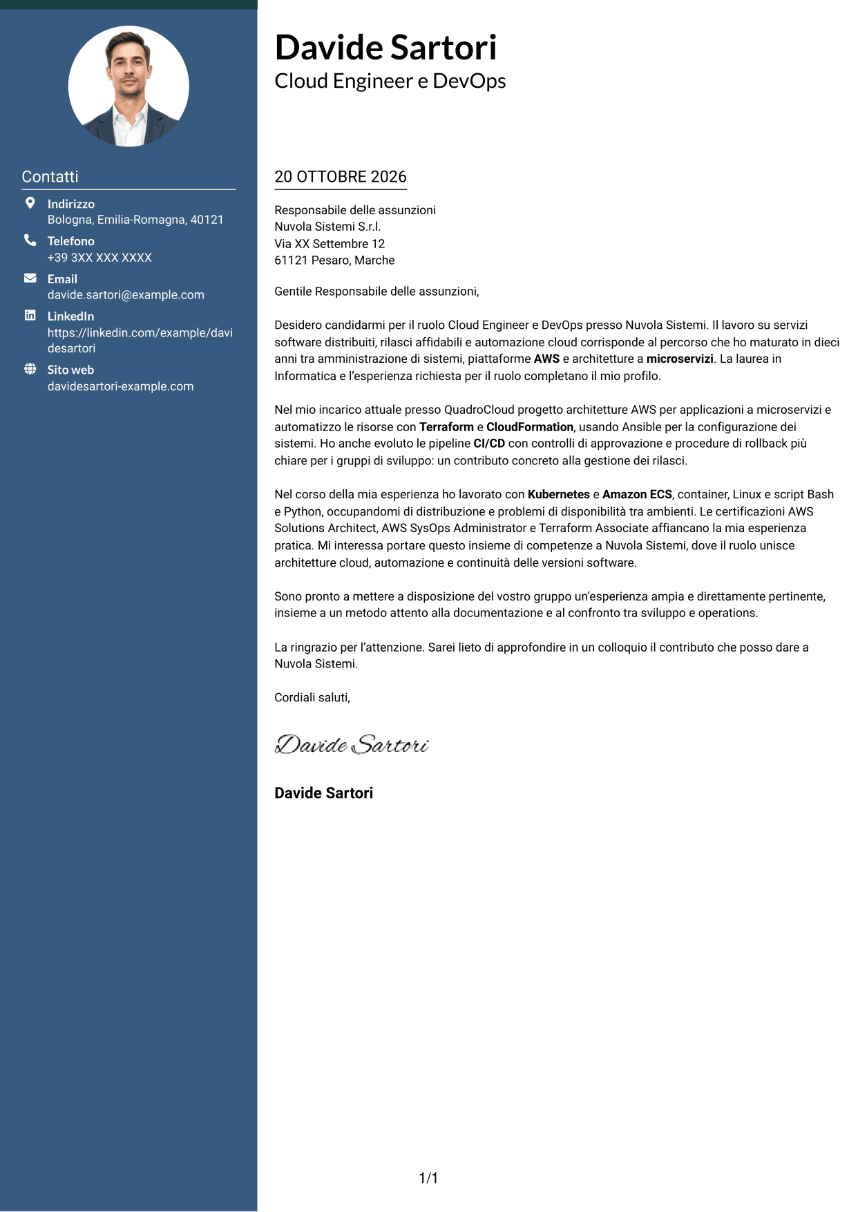 Lettera di presentazione Elegante (formato con colonna laterale colorata e foto): Cloud Engineer e DevOps - AWS e Kubernetes, pagina 1