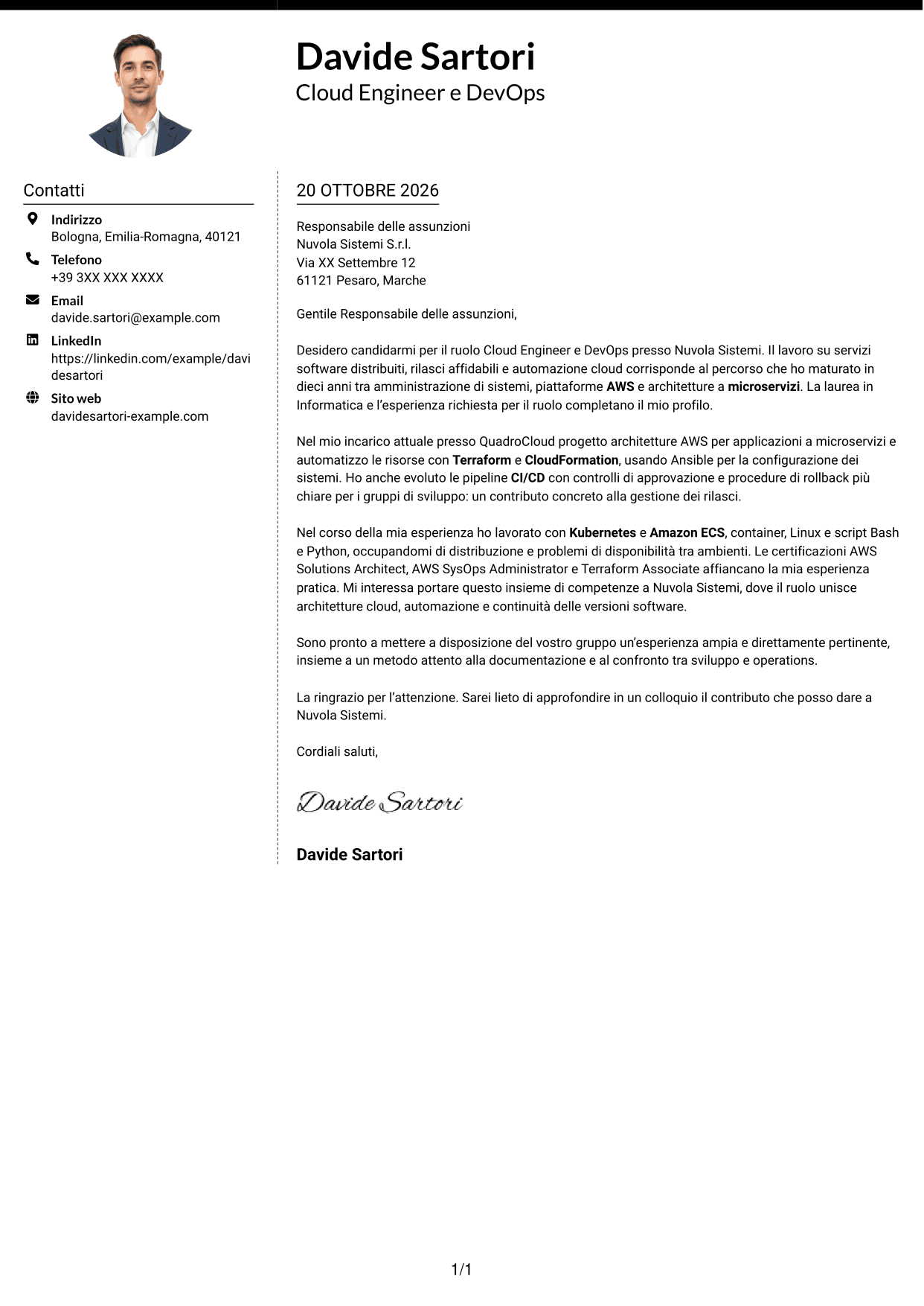 Lettera di presentazione Moderno (formato a due colonne con foto a sinistra e separatore): Cloud Engineer e DevOps - AWS e Kubernetes, pagina 1