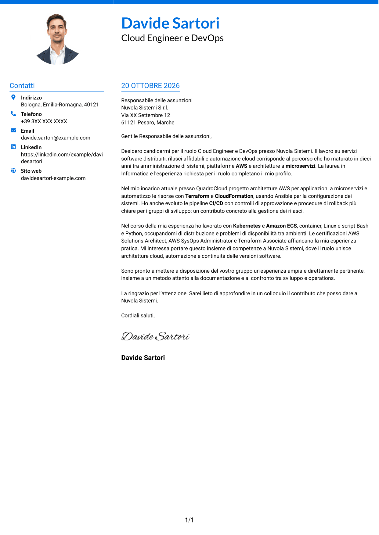 Lettera di presentazione Audace (formato a due colonne con accenti colorati e foto): Cloud Engineer e DevOps - AWS e Kubernetes, pagina 1