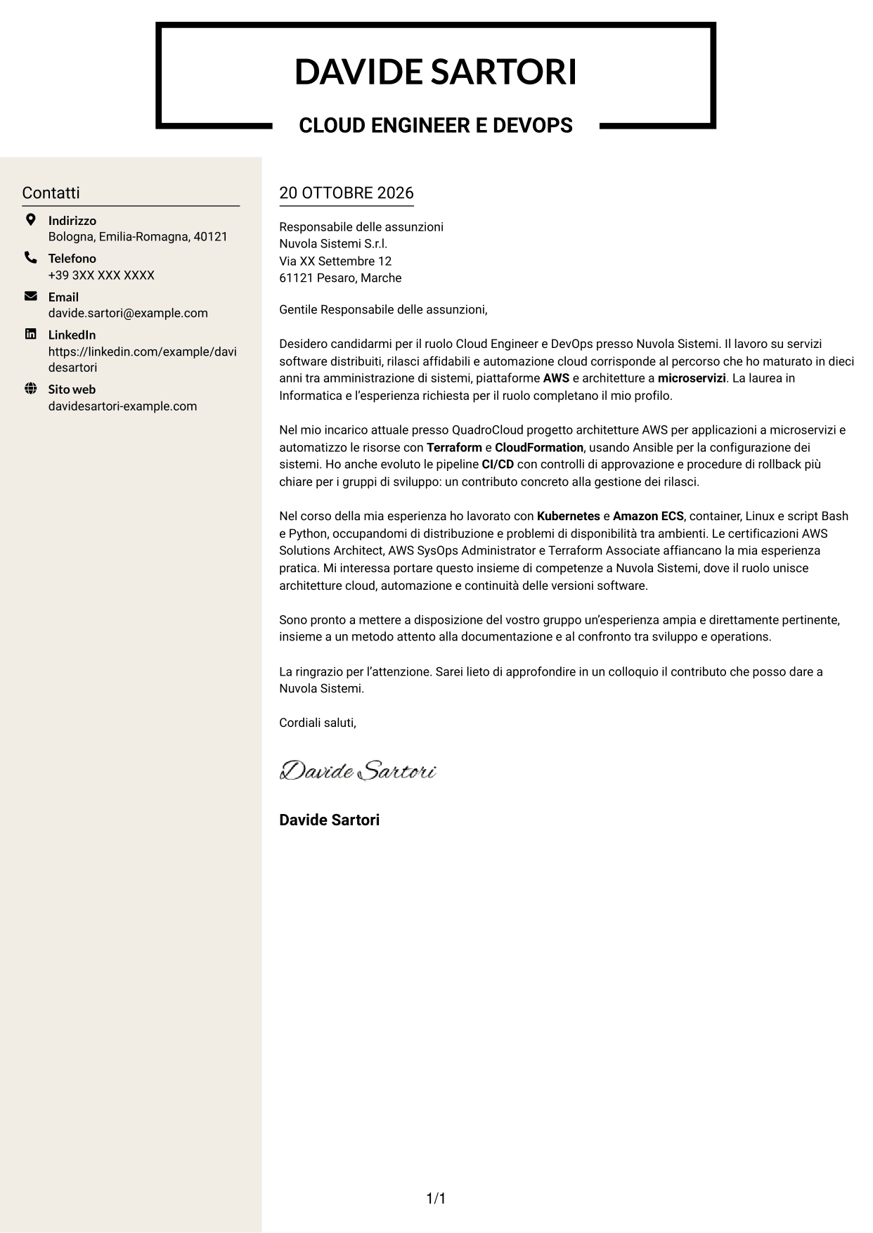 Lettera di presentazione Intraprendente (formato a due colonne con intestazione centrata senza foto): Cloud Engineer e DevOps - AWS e Kubernetes, pagina 1