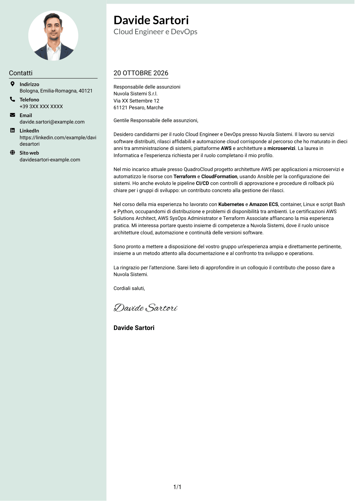 Lettera di presentazione Dirigente (formato con colonna laterale tenue e foto arrotondata): Cloud Engineer e DevOps - AWS e Kubernetes, pagina 1