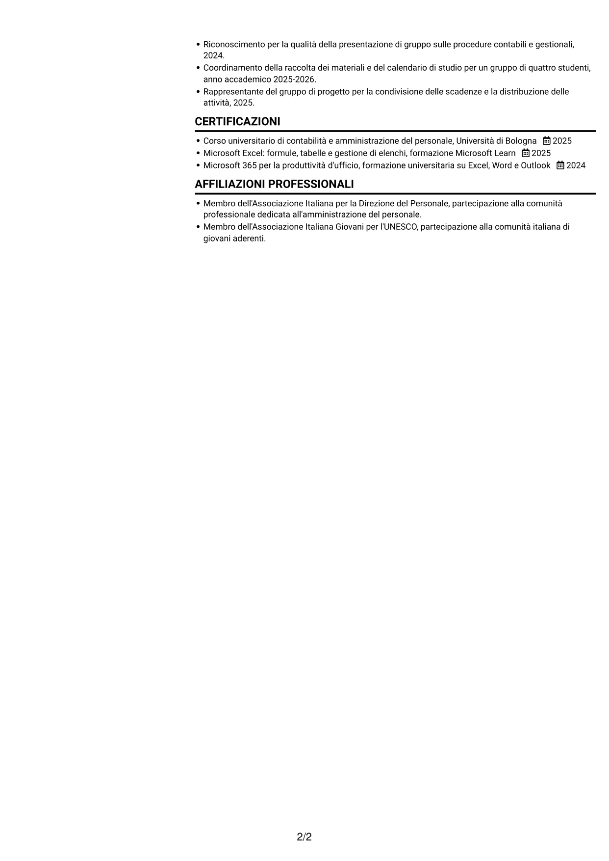 CV Compatto (formato sobrio a due colonne con foto): Collaboratore Amministrativo - Ufficio Stipendi, pagina 2