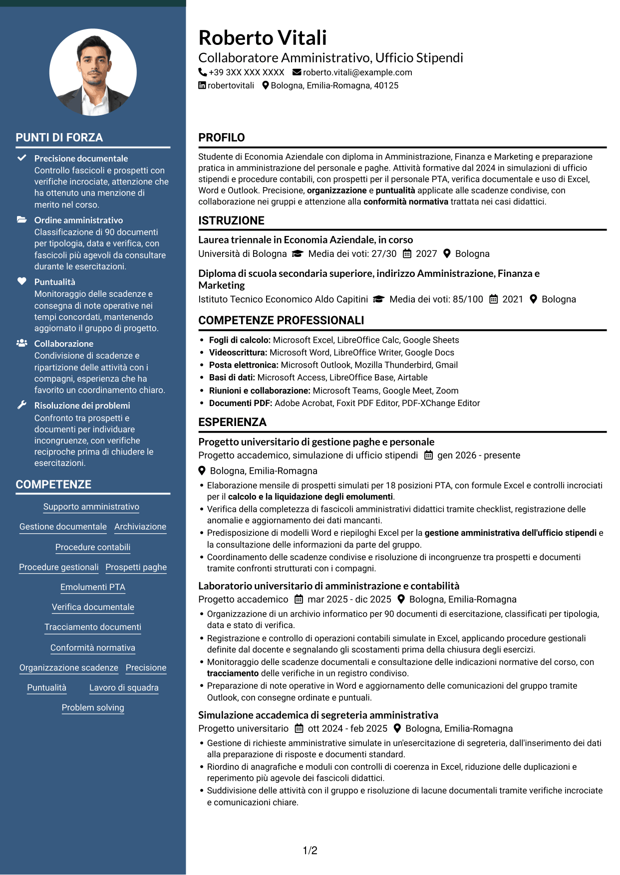 CV Elegante (formato con colonna laterale colorata e foto): Collaboratore Amministrativo - Ufficio Stipendi, pagina 1