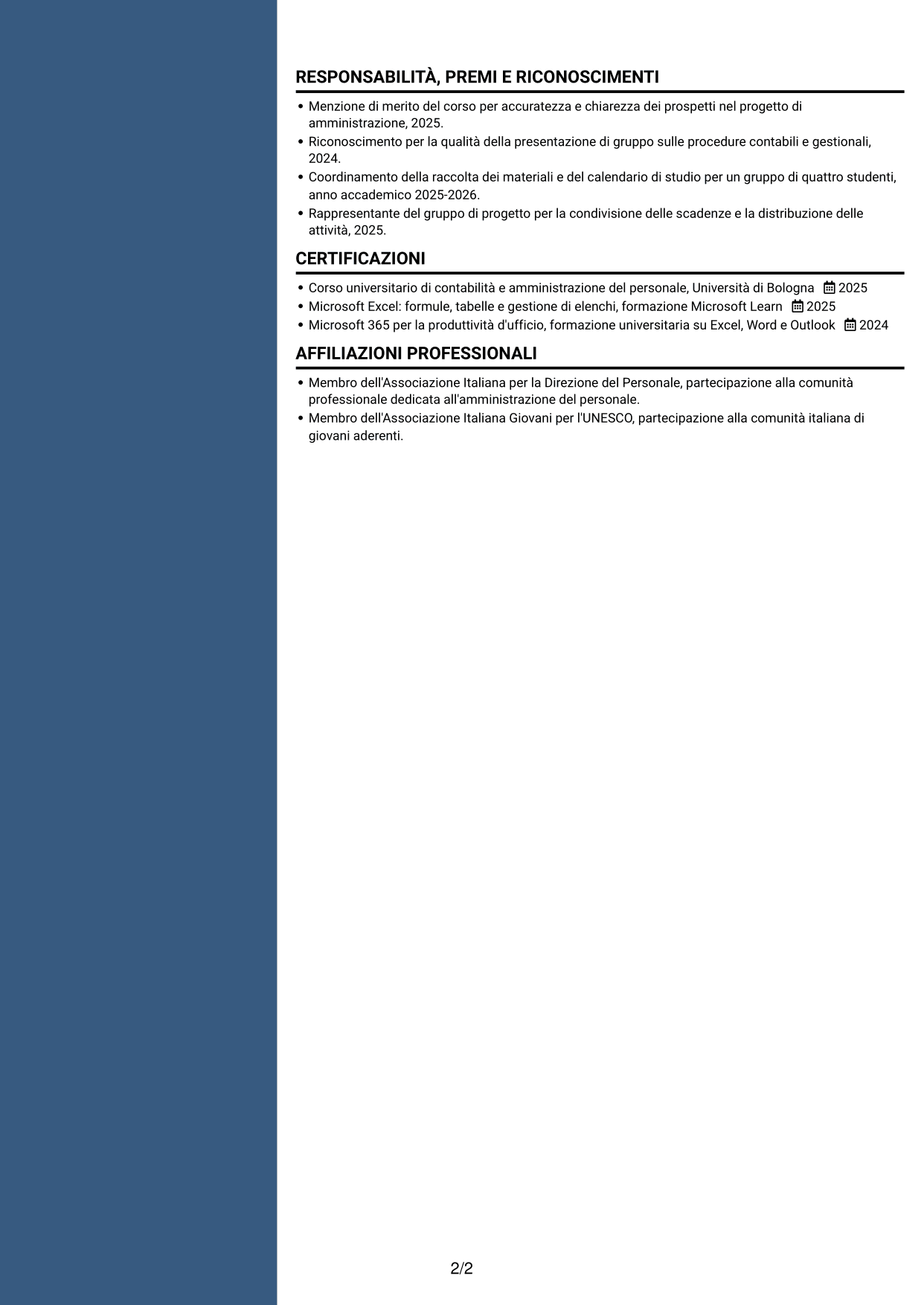 CV Elegante (formato con colonna laterale colorata e foto): Collaboratore Amministrativo - Ufficio Stipendi, pagina 2