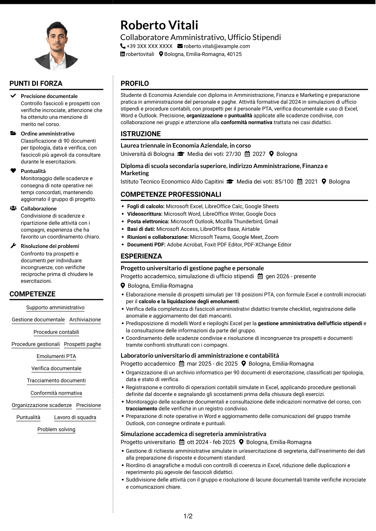 CV Moderno (formato a due colonne con foto a sinistra e separatore): Collaboratore Amministrativo - Ufficio Stipendi, pagina 1