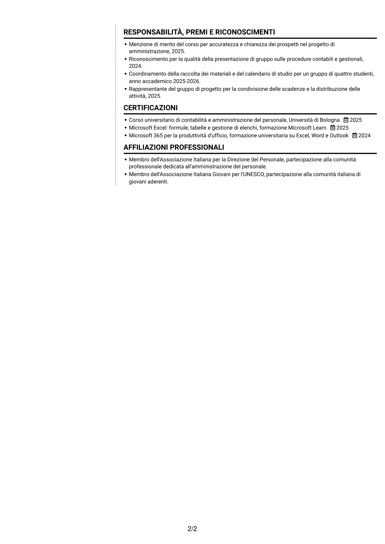 CV Moderno (formato a due colonne con foto a sinistra e separatore): Collaboratore Amministrativo - Ufficio Stipendi, pagina 2