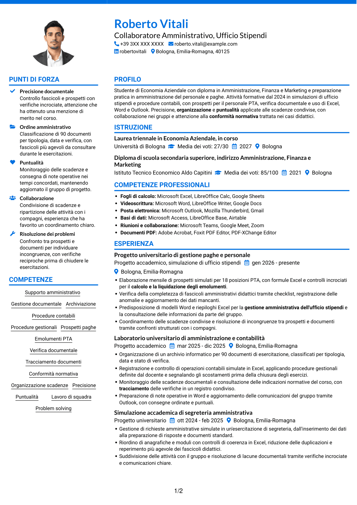 CV Audace (formato a due colonne con accenti colorati e foto): Collaboratore Amministrativo - Ufficio Stipendi, pagina 1