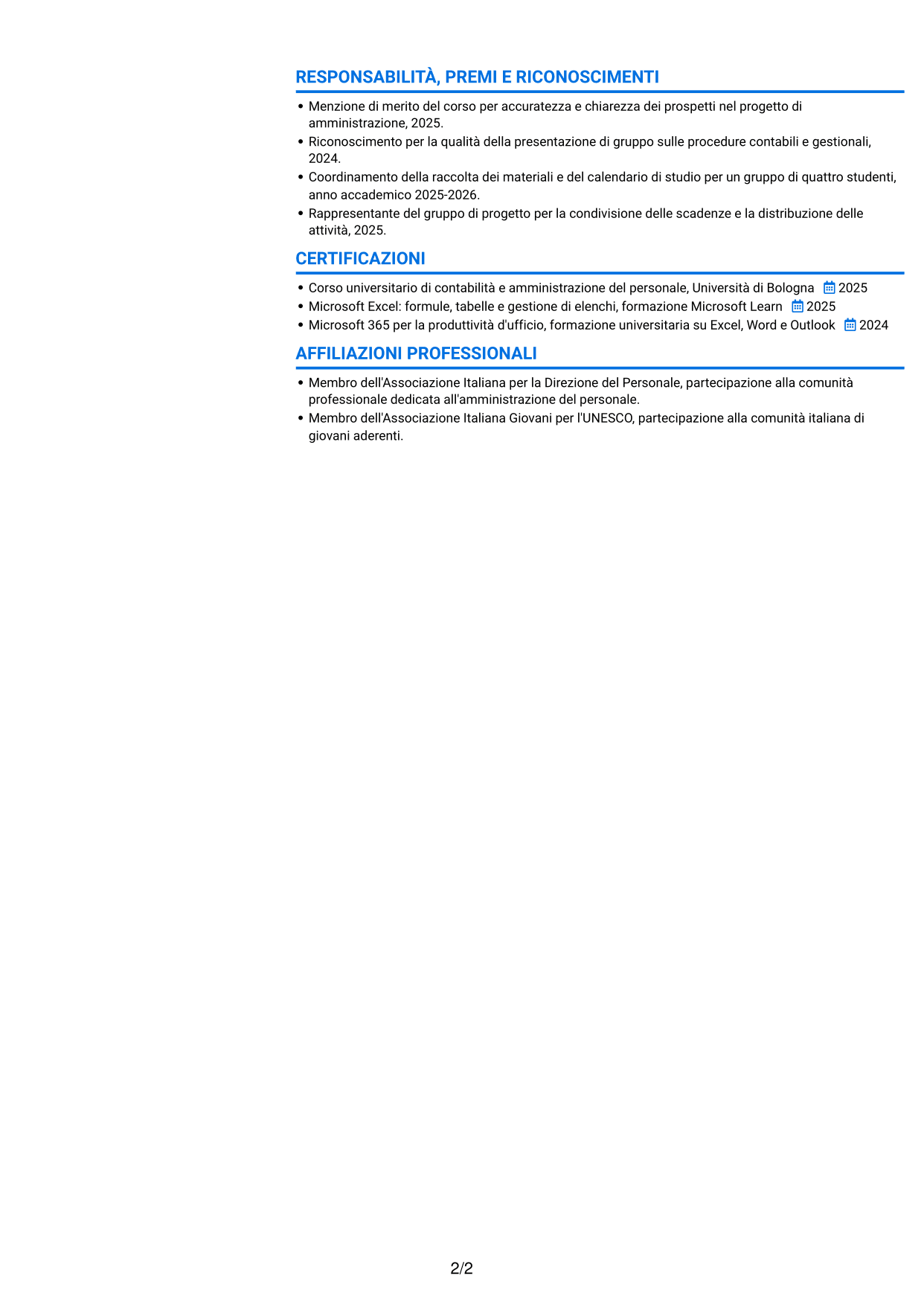 CV Audace (formato a due colonne con accenti colorati e foto): Collaboratore Amministrativo - Ufficio Stipendi, pagina 2