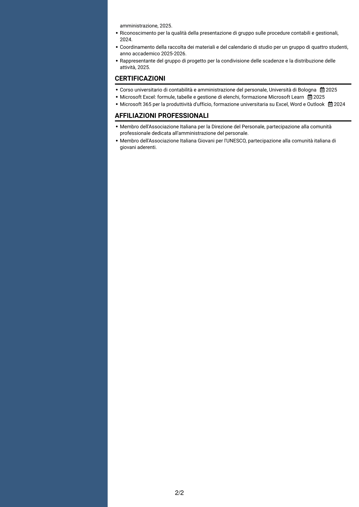 CV Signature (formato con colonna laterale colorata e foto grande): Collaboratore Amministrativo - Ufficio Stipendi, pagina 2