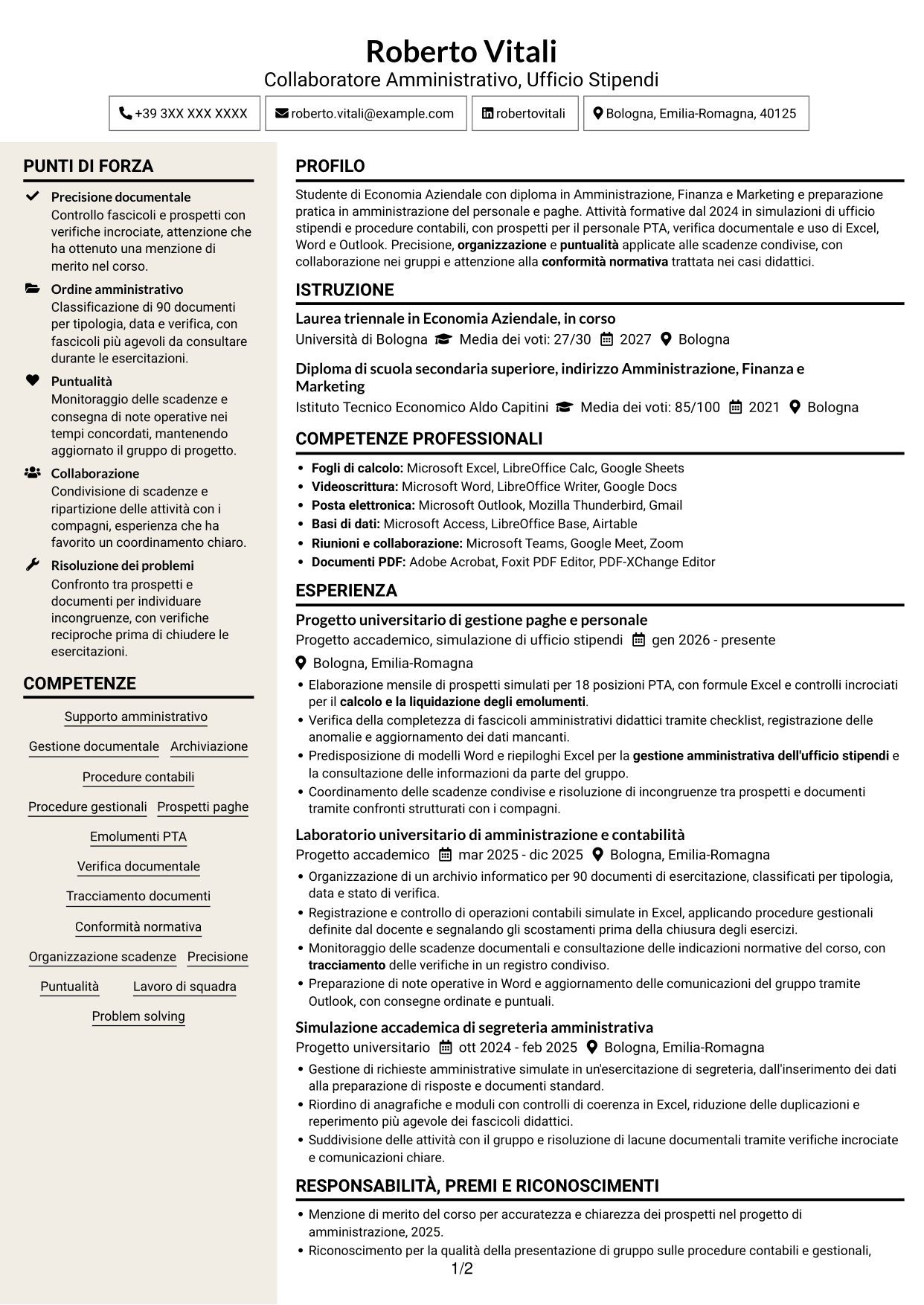 CV Intraprendente (formato a due colonne con intestazione centrata senza foto): Collaboratore Amministrativo - Ufficio Stipendi, pagina 1