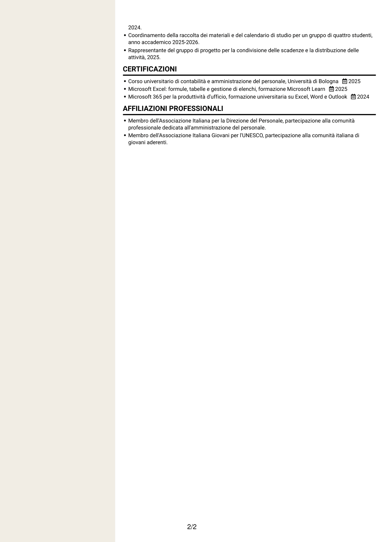 CV Intraprendente (formato a due colonne con intestazione centrata senza foto): Collaboratore Amministrativo - Ufficio Stipendi, pagina 2