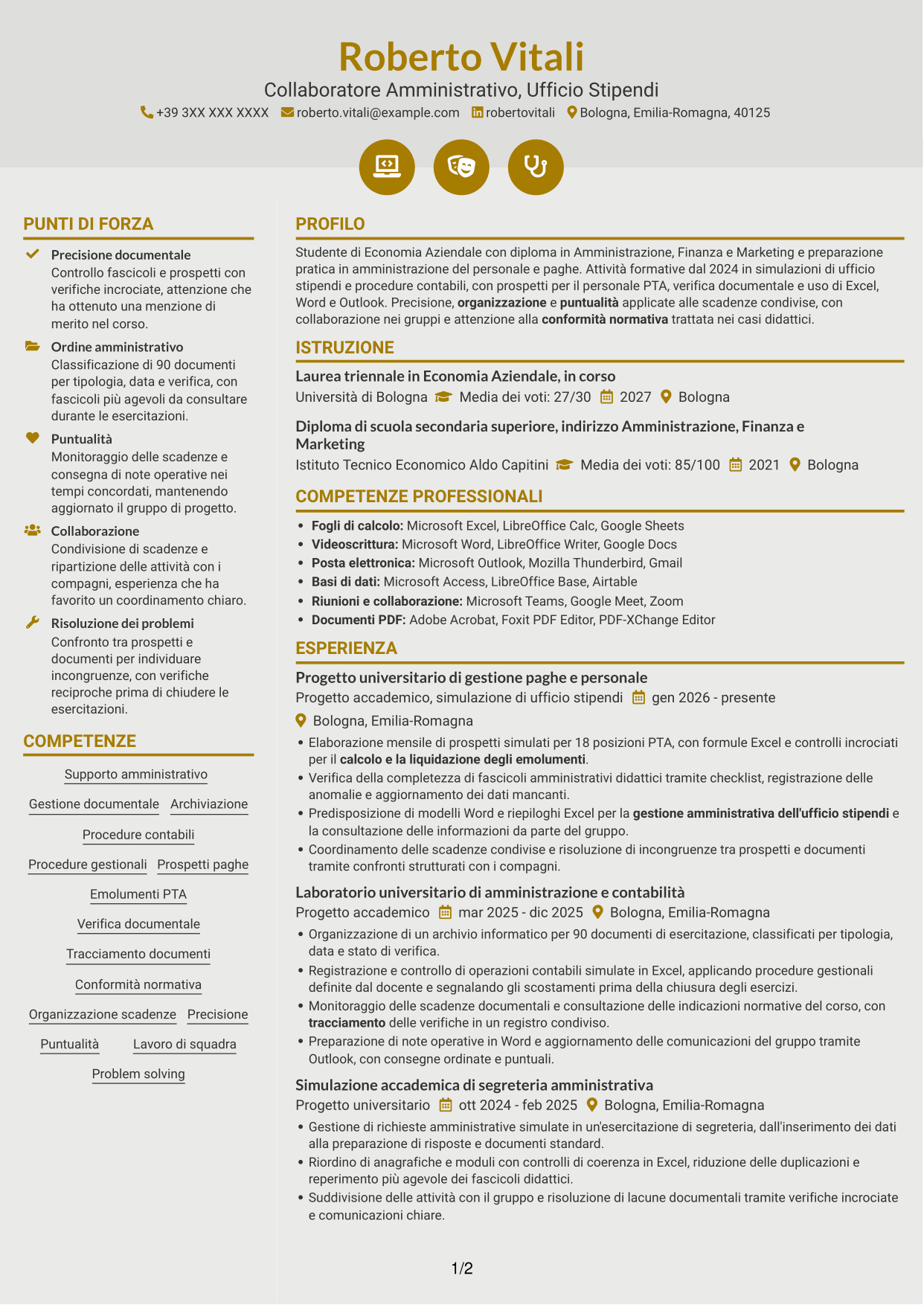 CV Dinamico (formato a due colonne con icone): Collaboratore Amministrativo - Ufficio Stipendi, pagina 1